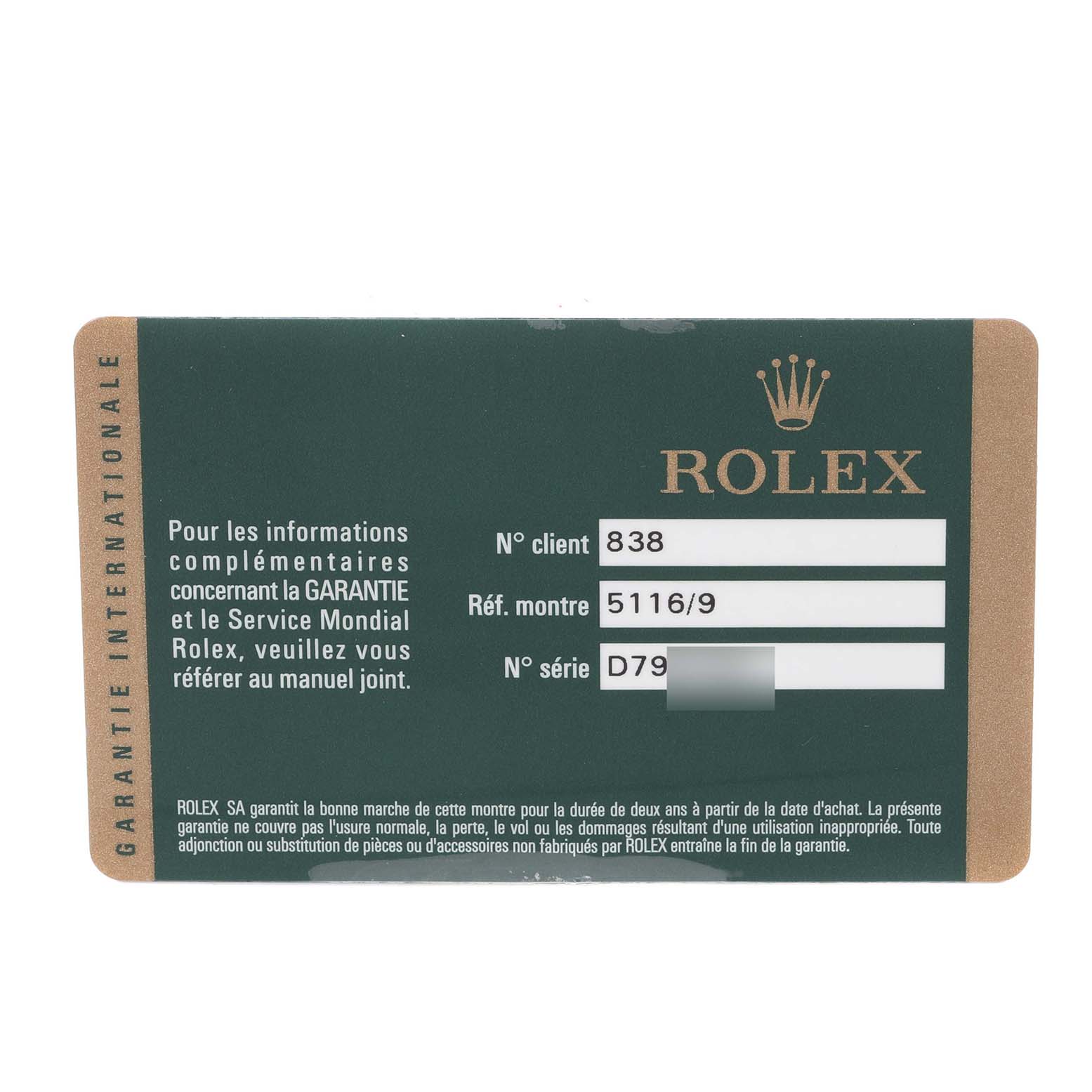 This image shows the international warranty card for a Rolex Cellini 5116/9 Men's White Gold Beige Dial 5116/9 Men's White Gold Beige Dial watch.