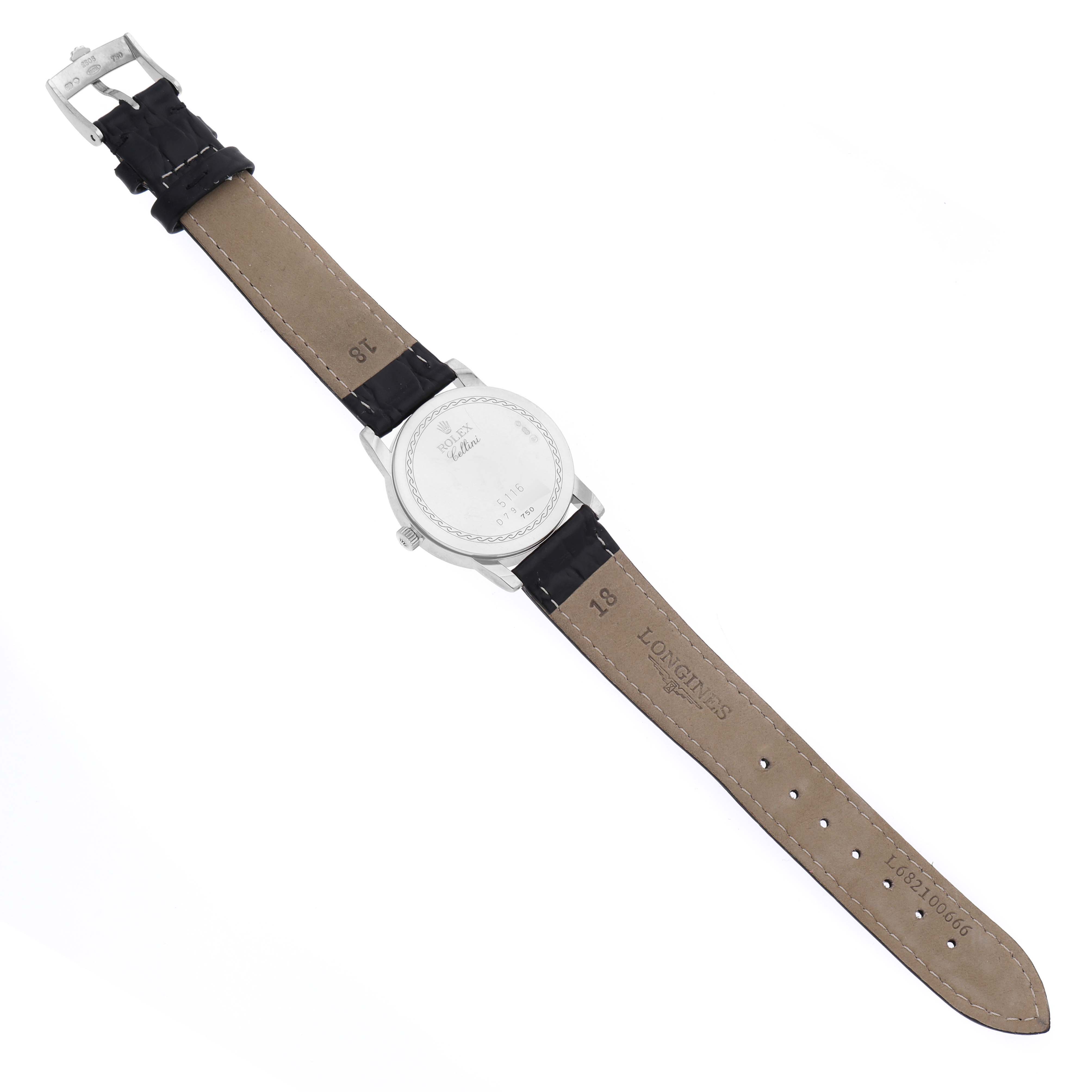 The image shows the back view of a Rolex Cellini 5116/9 Men's White Gold Beige Dial 5116/9 Men's White Gold Beige Dial watch, highlighting the leather strap and the case back.