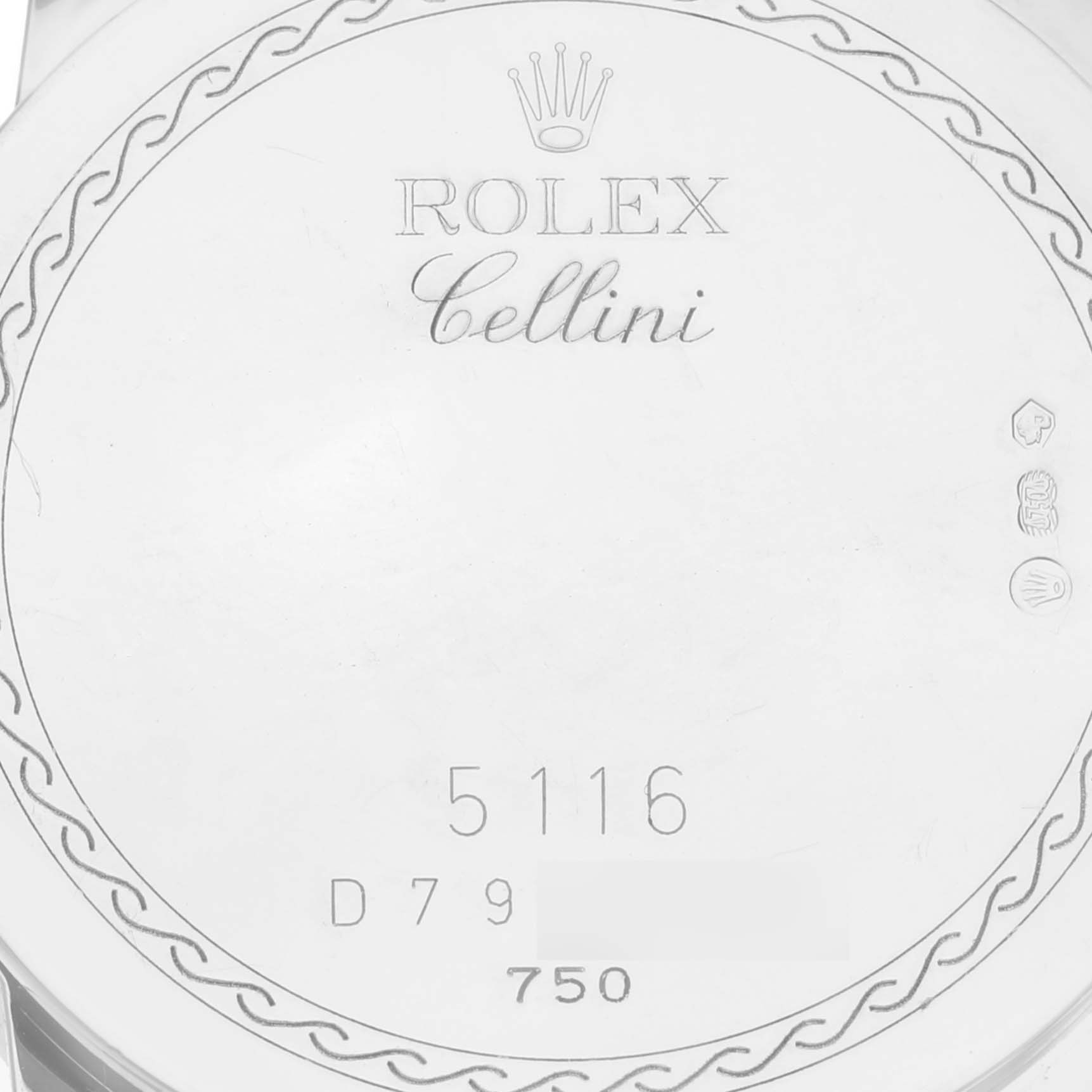 The image shows the engraved back case of a Rolex Cellini 5116/9 Men's White Gold Beige Dial 5116/9 Men's White Gold Beige Dial model, displaying the brand name, model name, and some serial numbers.