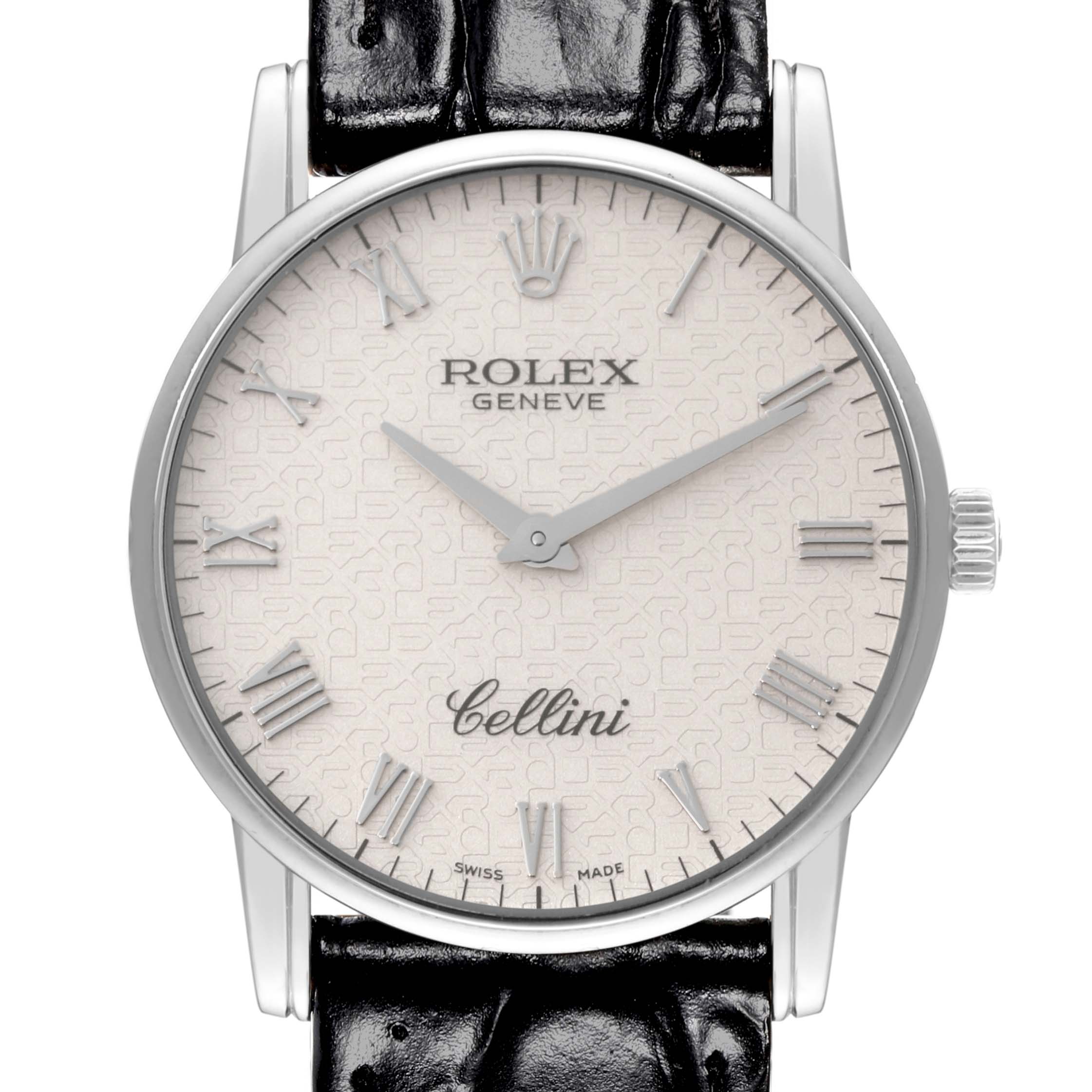 The Rolex Cellini 5116/9 Men's White Gold Beige Dial 5116/9 Men's White Gold Beige Dial watch is shown from the front, displaying the dial, hands, and part of the black leather strap.