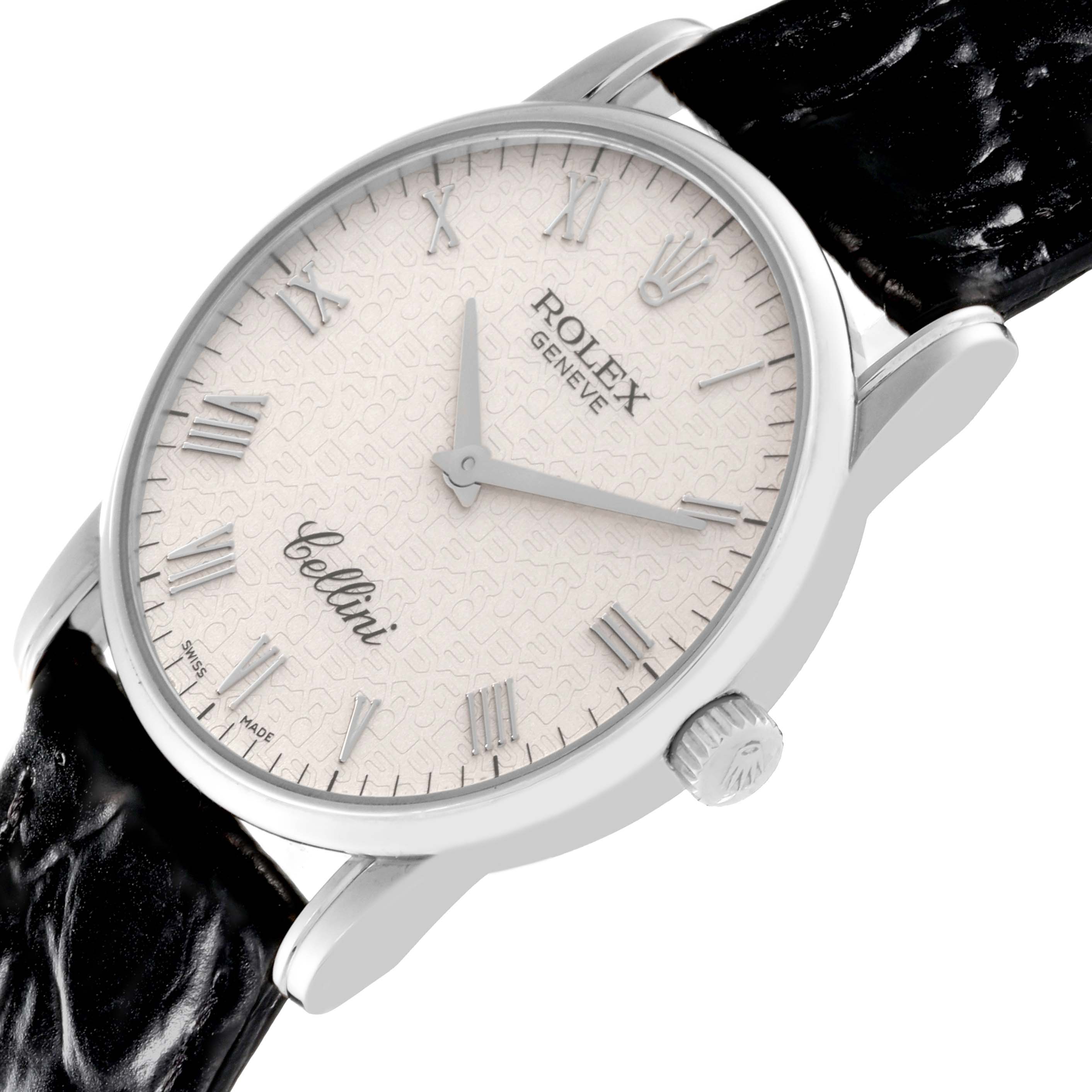 The image shows a close-up angle of the Rolex Cellini 5116/9 Men's White Gold Beige Dial 5116/9 Men's White Gold Beige Dial watch, displaying its face, Roman numerals, hands, crown, and black leather strap.