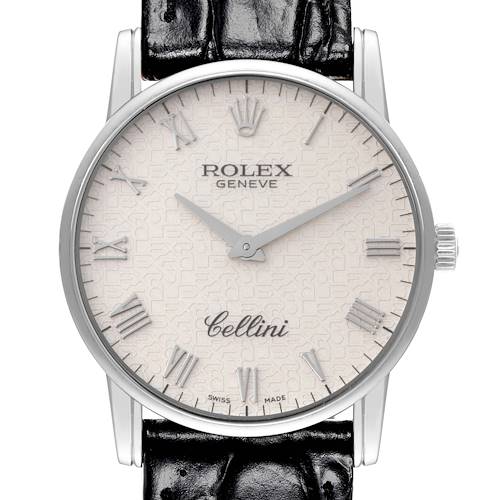 The image shows a front view of a Rolex Cellini watch, displaying its face and part of the black leather strap.