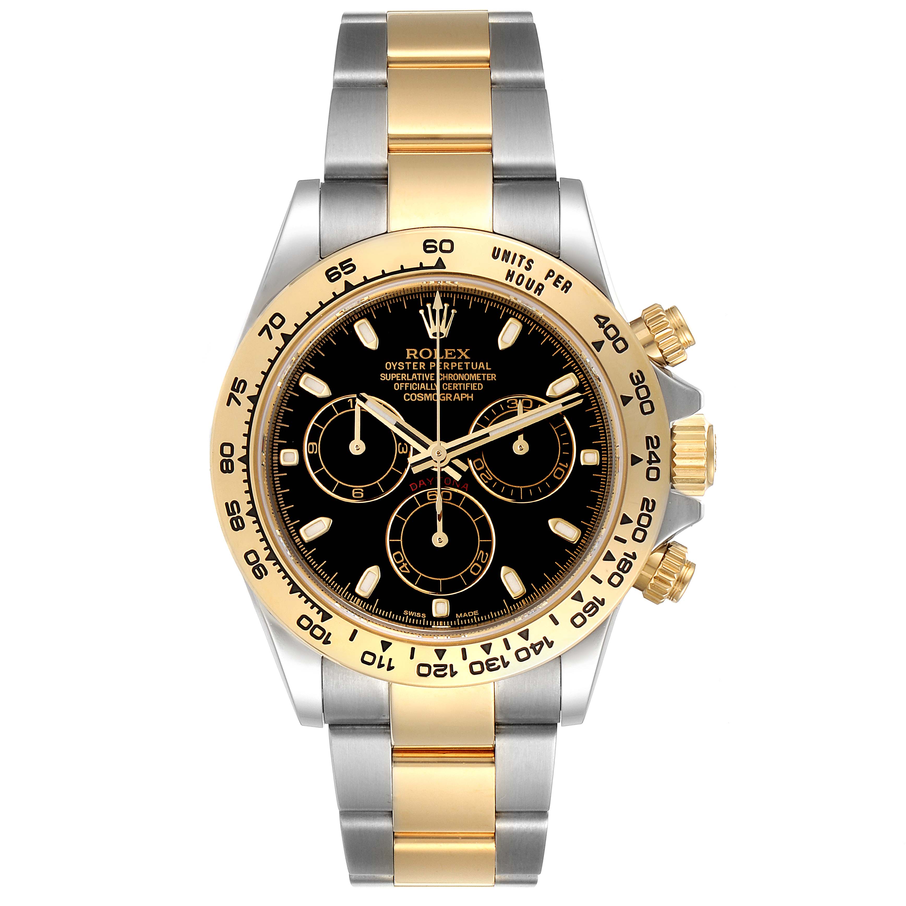The image shows a front view of a Rolex Daytona 116503 Men's Steel and Gold (two tone) Black Dial 116503 Men's Steel and Gold (two tone) Black Dial watch, highlighting its black dial, gold bezel, and two-tone bracelet.