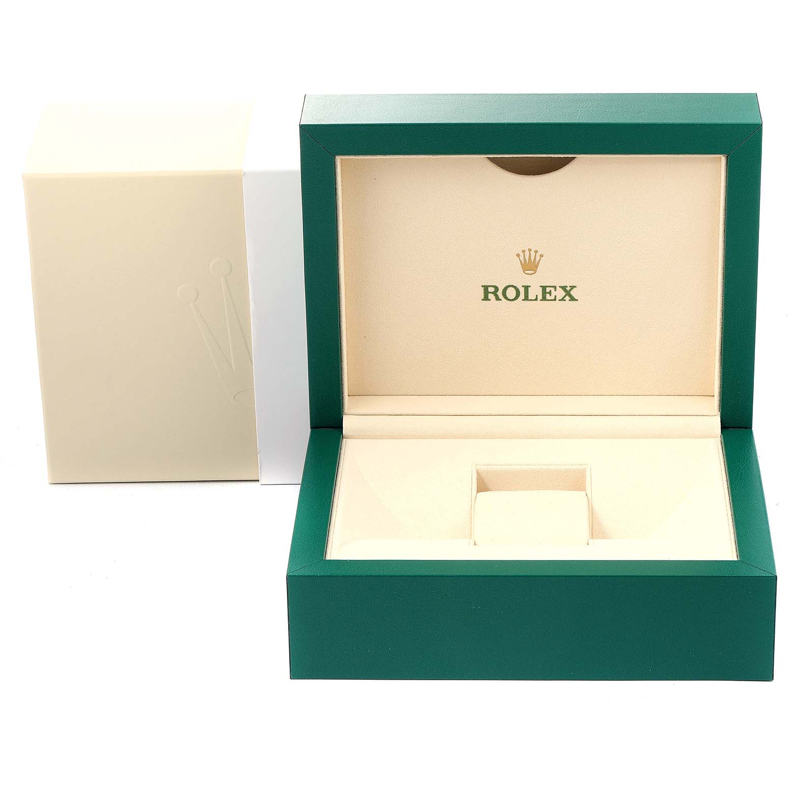 The image shows an open green and beige Rolex watch box for the Daytona model, with a Rolex logo on the inside.
