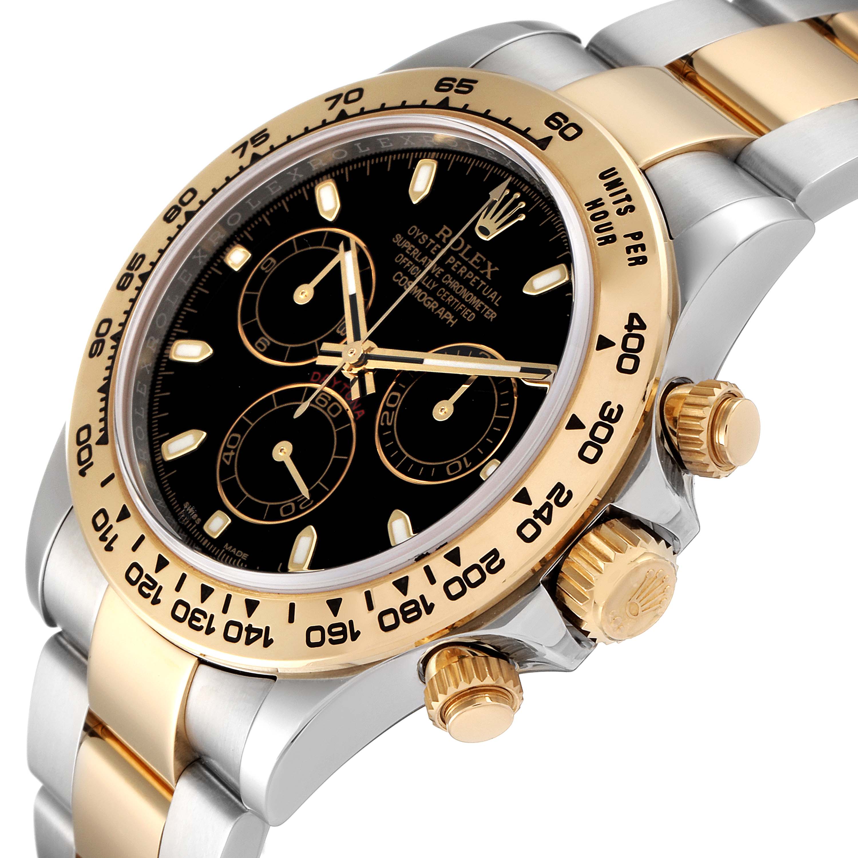 The image shows a close-up angle of a Rolex Daytona 116503 Men's Steel and Gold (two tone) Black Dial 116503 Men's Steel and Gold (two tone) Black Dial watch dial, bezel, and crown, highlighting its black face and gold accents.