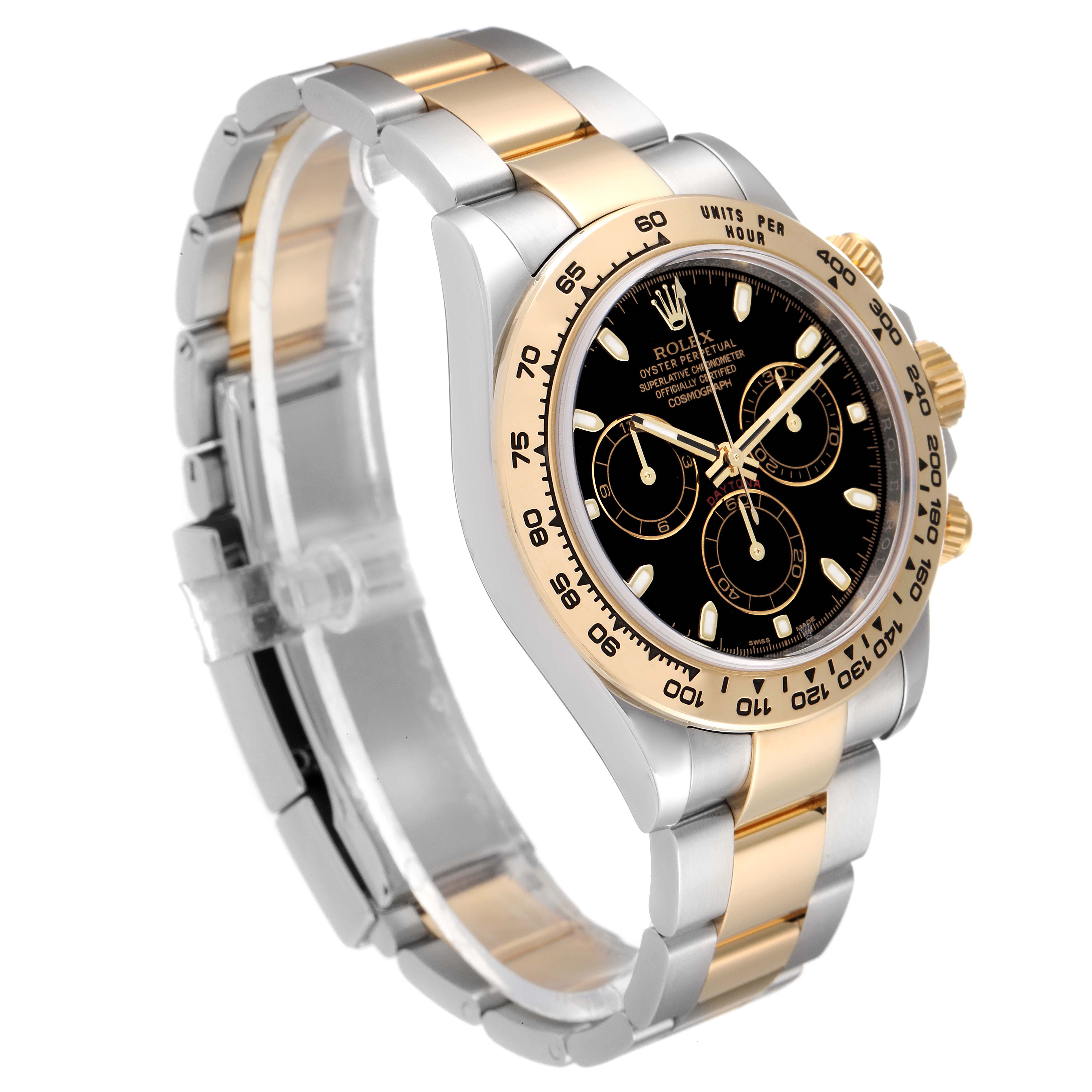The image shows a Rolex Daytona 116503 Men's Steel and Gold (two tone) Black Dial 116503 Men's Steel and Gold (two tone) Black Dial watch at a three-quarter angle, highlighting its bracelet, bezel, and dial.