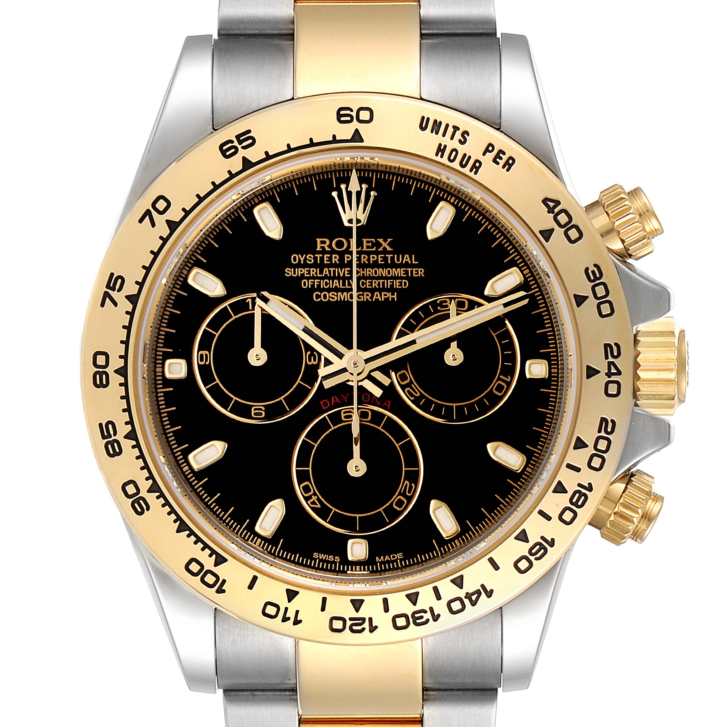 The image shows a front view of a Rolex Daytona 116503 Men's Steel and Gold (two tone) Black Dial 116503 Men's Steel and Gold (two tone) Black Dial watch, highlighting the face, bezel, and parts of the band.