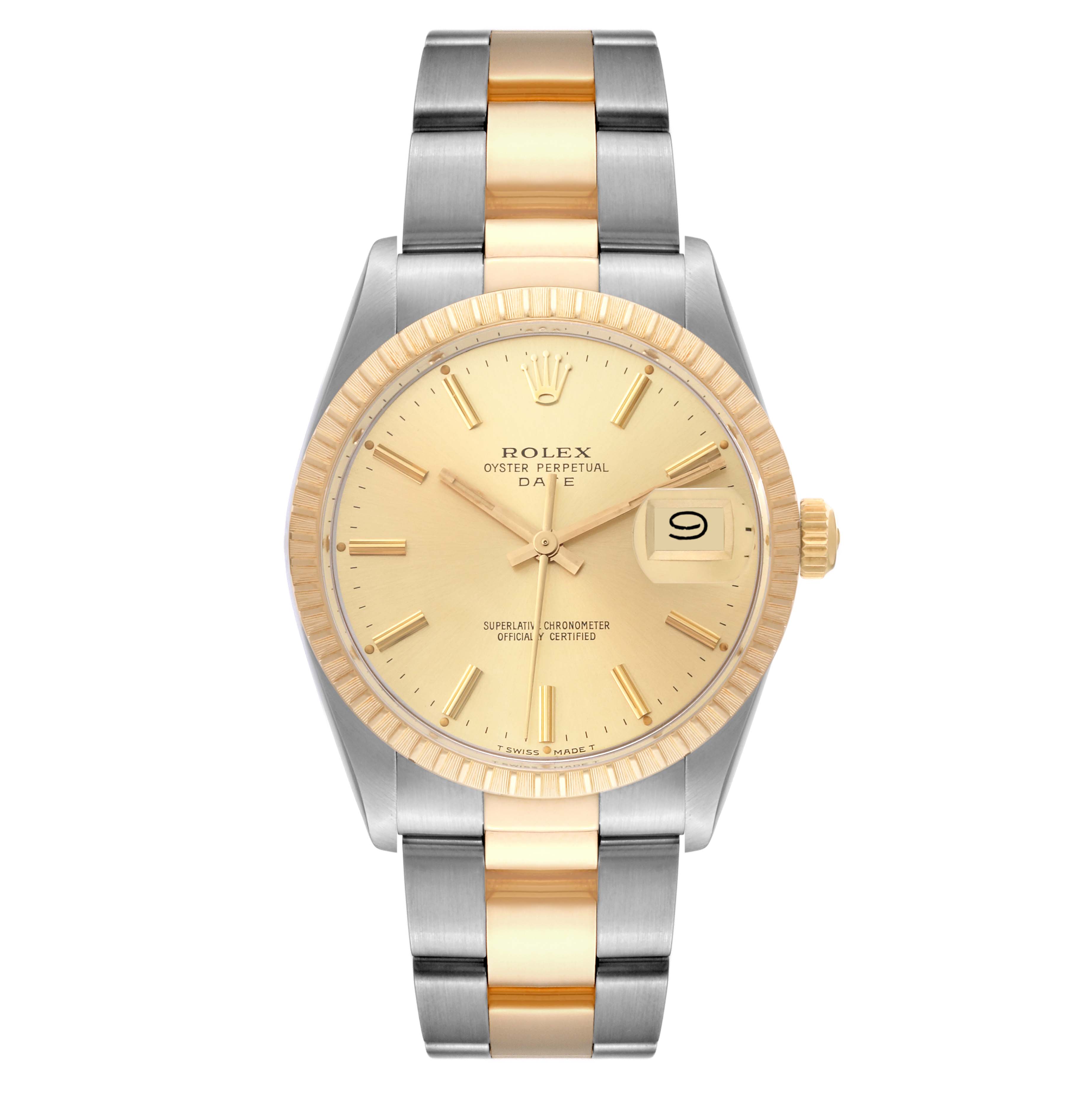 This Rolex Date 15053 Men's Steel and Gold (two tone) Champagne Dial 15053 Men's Steel and Gold (two tone) Champagne Dial model watch shows a frontal view with a gold dial, gold and steel bracelet, and date window at 3 o'clock.