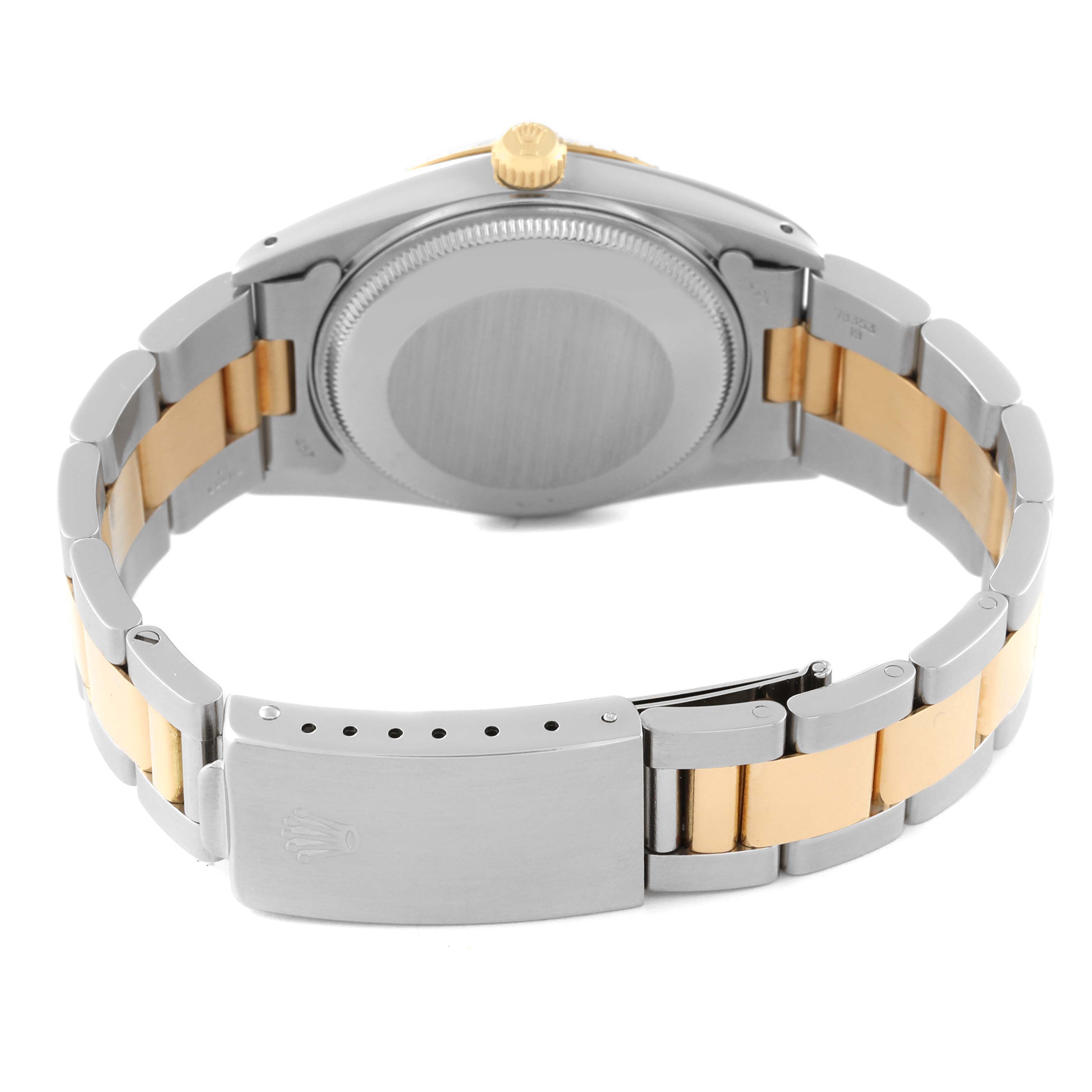 This image shows the back of the Rolex Date 15053 Men's Steel and Gold (two tone) Champagne Dial 15053 Men's Steel and Gold (two tone) Champagne Dial model watch, highlighting the clasp, bracelet, and case back.