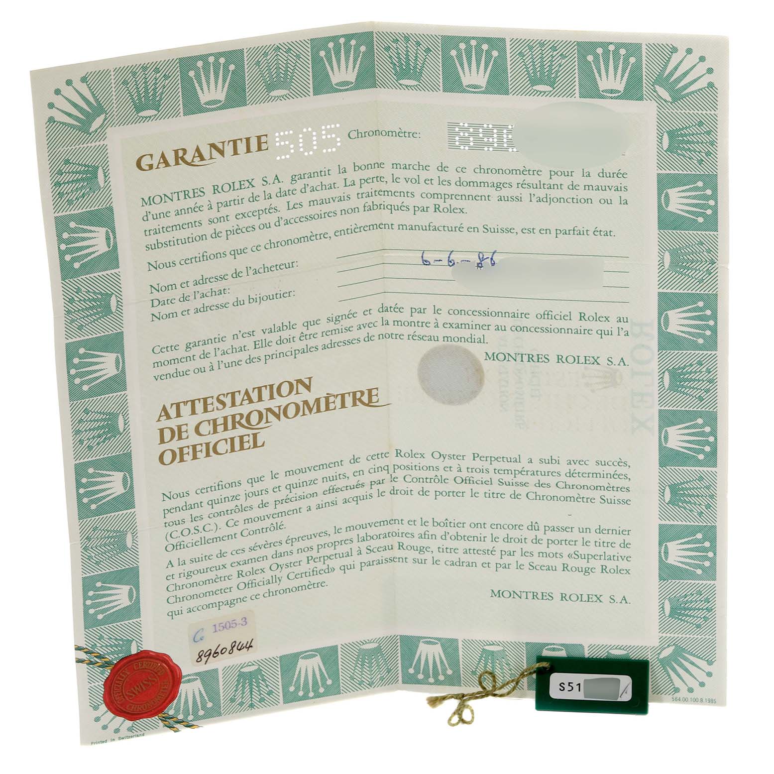 The image shows the warranty and chronometer certificate for a Rolex Date 15053 Men's Steel and Gold (two tone) Champagne Dial 15053 Men's Steel and Gold (two tone) Champagne Dial model watch, including a red seal and a green tag.