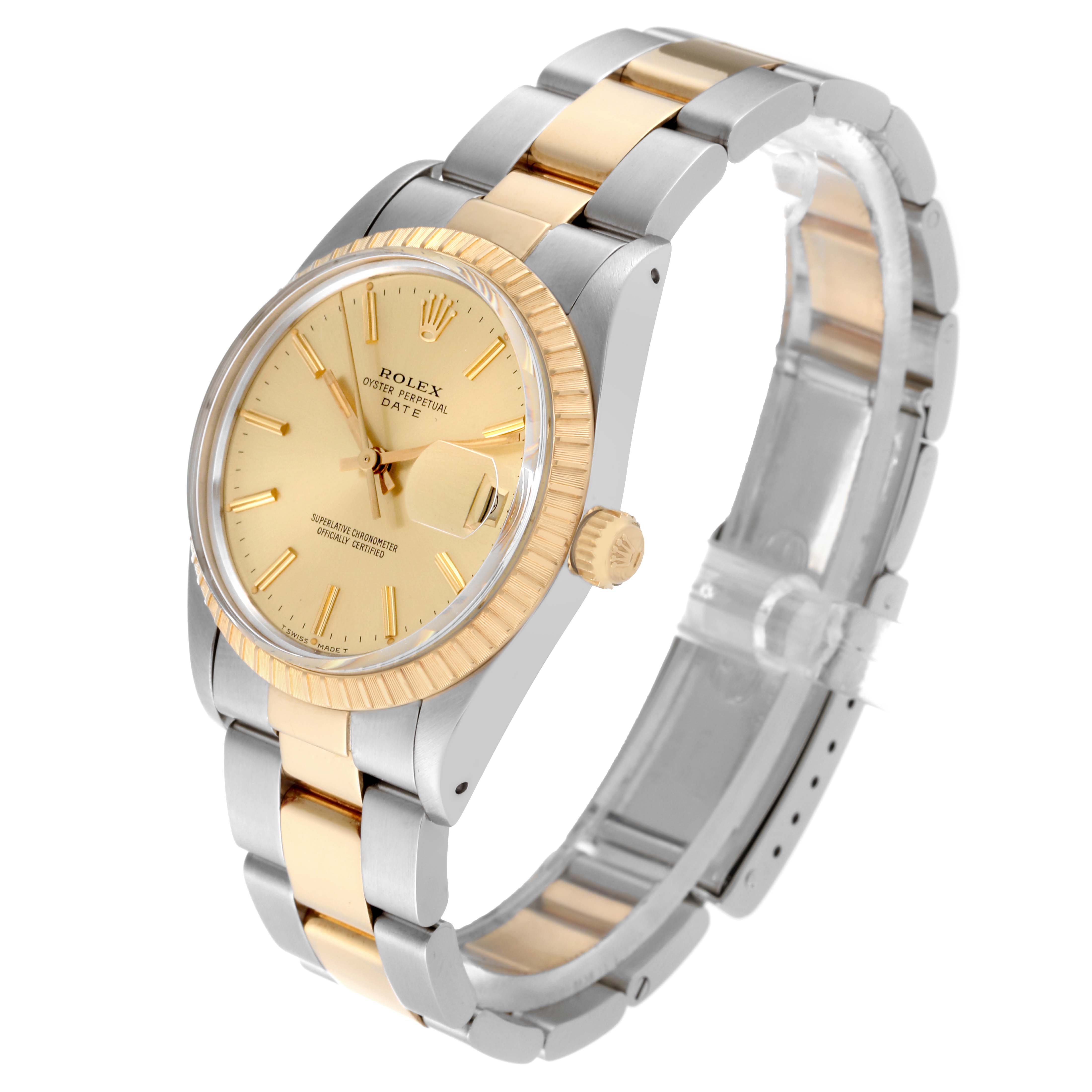 The Rolex Date 15053 Men's Steel and Gold (two tone) Champagne Dial 15053 Men's Steel and Gold (two tone) Champagne Dial watch is shown at a three-quarter angle, highlighting its two-tone bracelet, fluted bezel, and champagne dial.