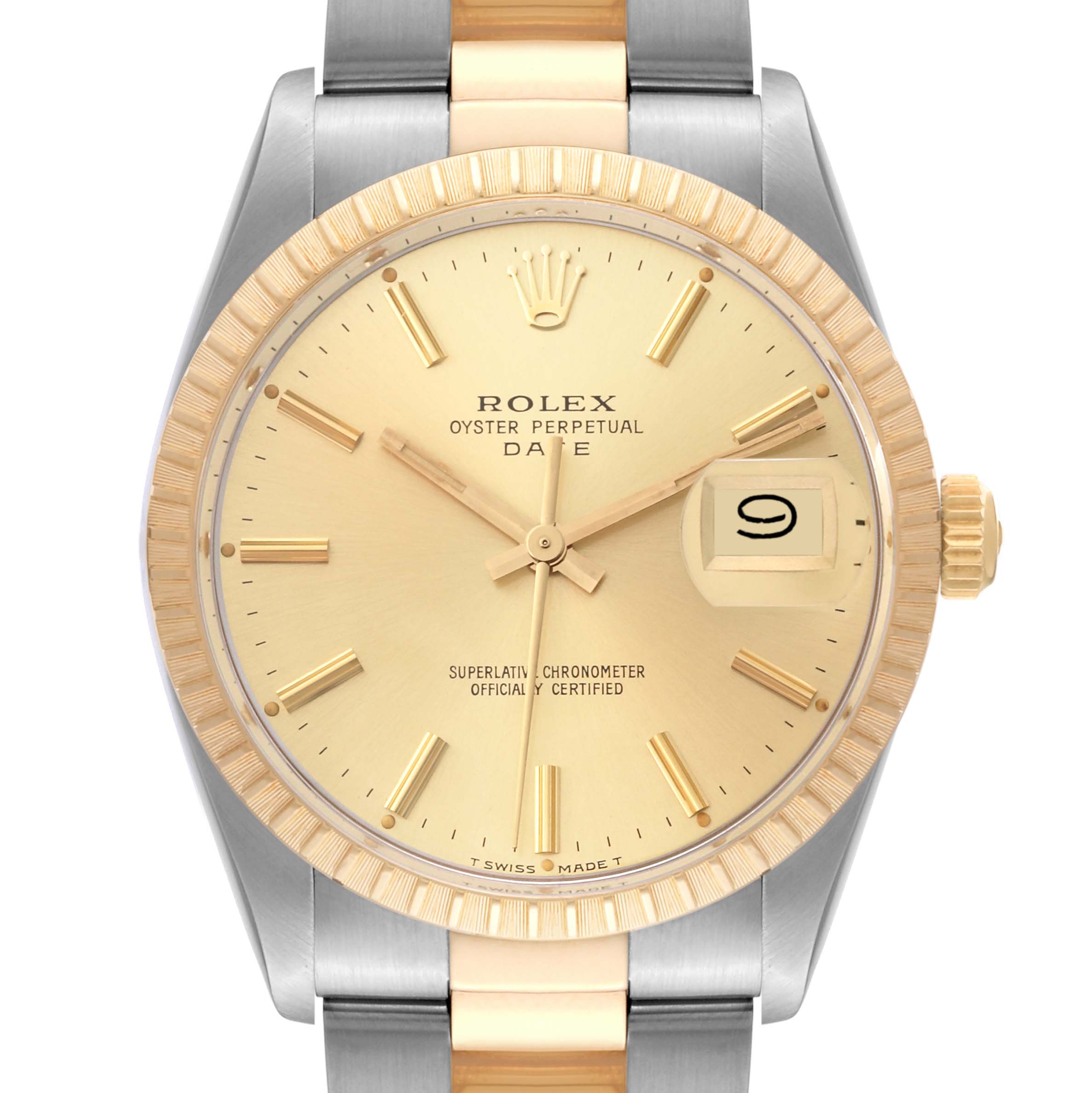 This close-up image shows the dial, bezel, and part of the bracelet of a Rolex Date 15053 Men's Steel and Gold (two tone) Champagne Dial 15053 Men's Steel and Gold (two tone) Champagne Dial model watch.