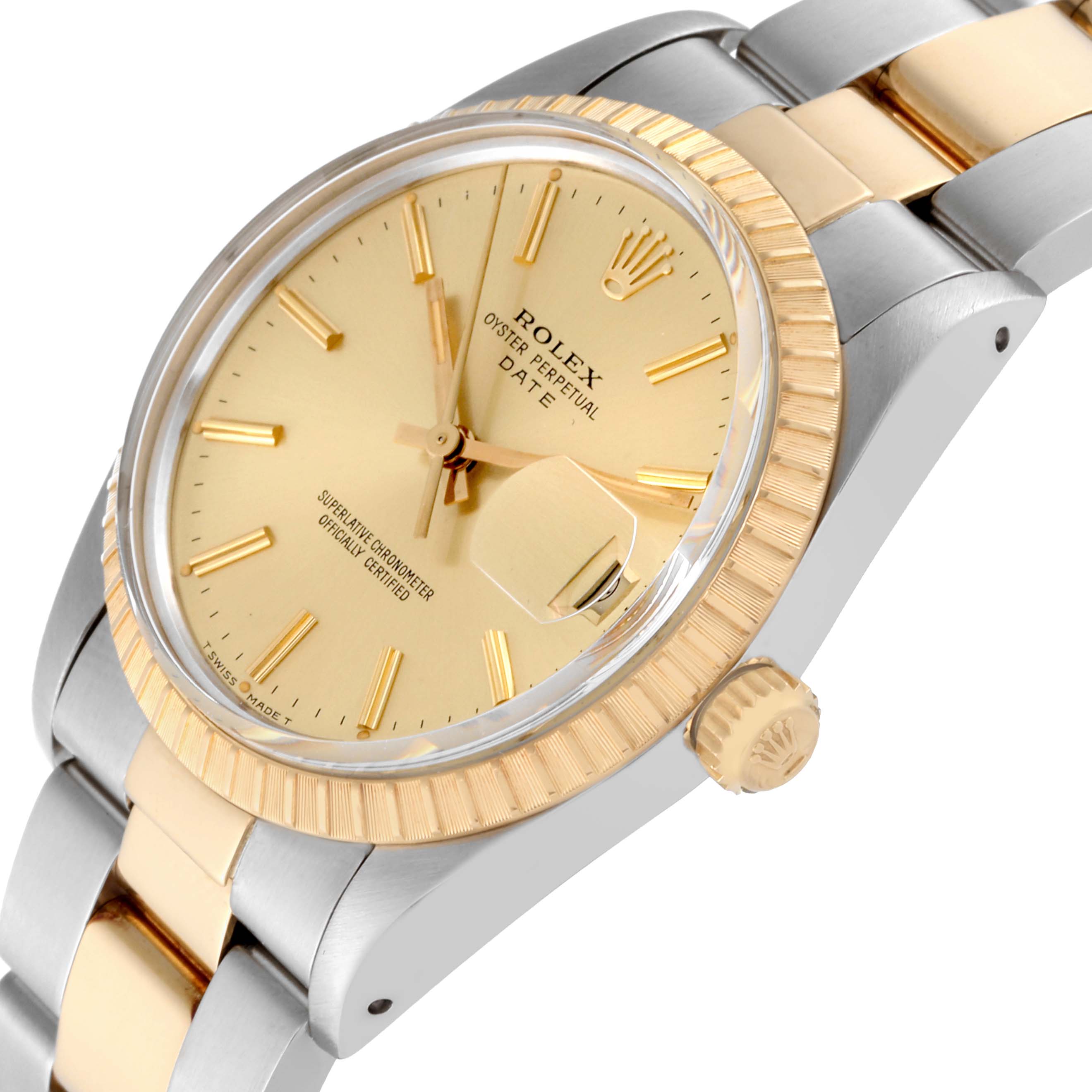 The Rolex Date 15053 Men's Steel and Gold (two tone) Champagne Dial 15053 Men's Steel and Gold (two tone) Champagne Dial watch is shown at an angle, highlighting the face, bezel, crown, and two-tone bracelet.
