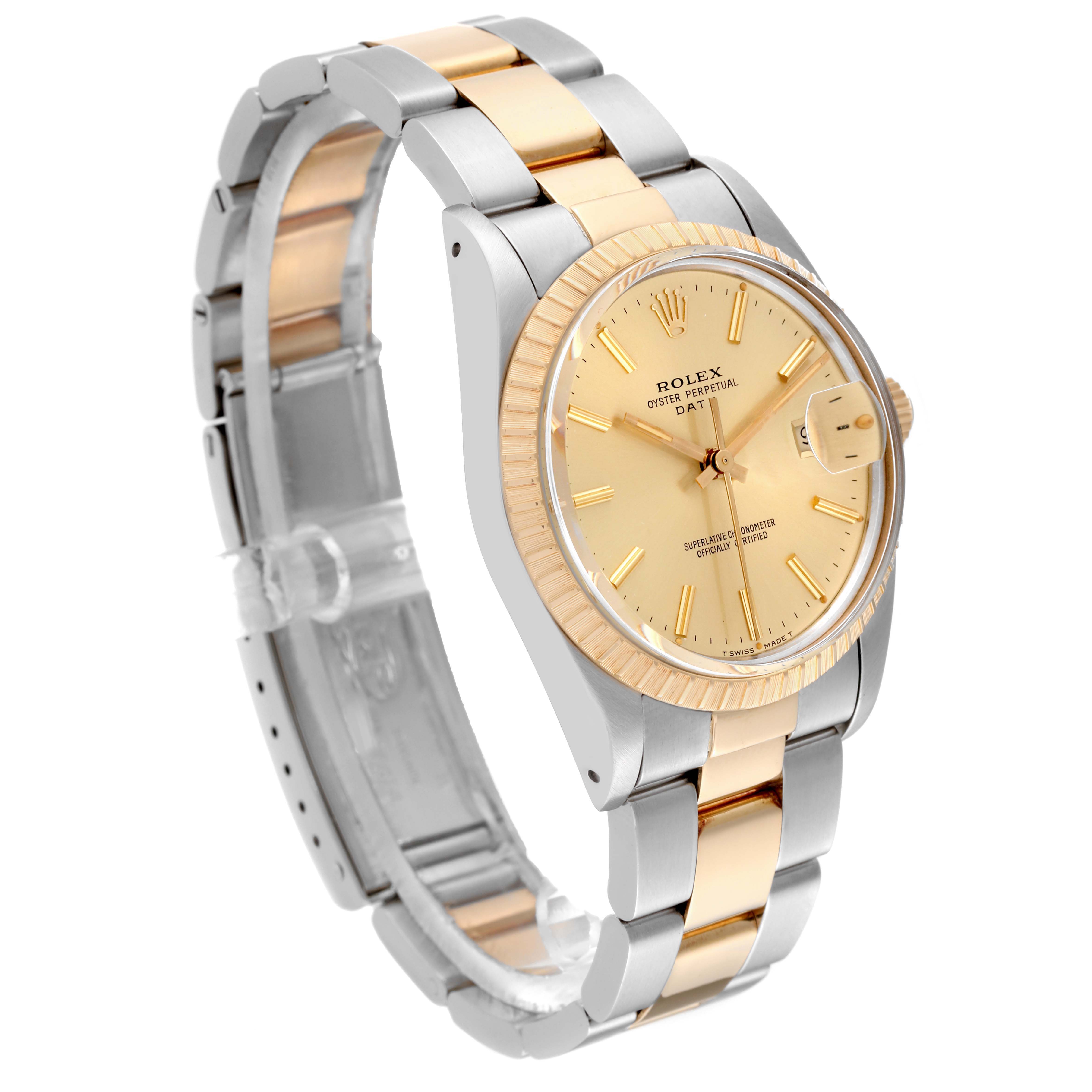 The Rolex Date 15053 Men's Steel and Gold (two tone) Champagne Dial 15053 Men's Steel and Gold (two tone) Champagne Dial watch is shown at a three-quarter angle, displaying its gold and silver bracelet, bezel, and champagne dial.