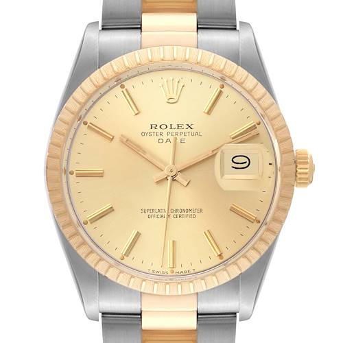 This image shows a head-on view of the Rolex Date model, focusing on the dial, bezel, crown, and part of the bracelet.