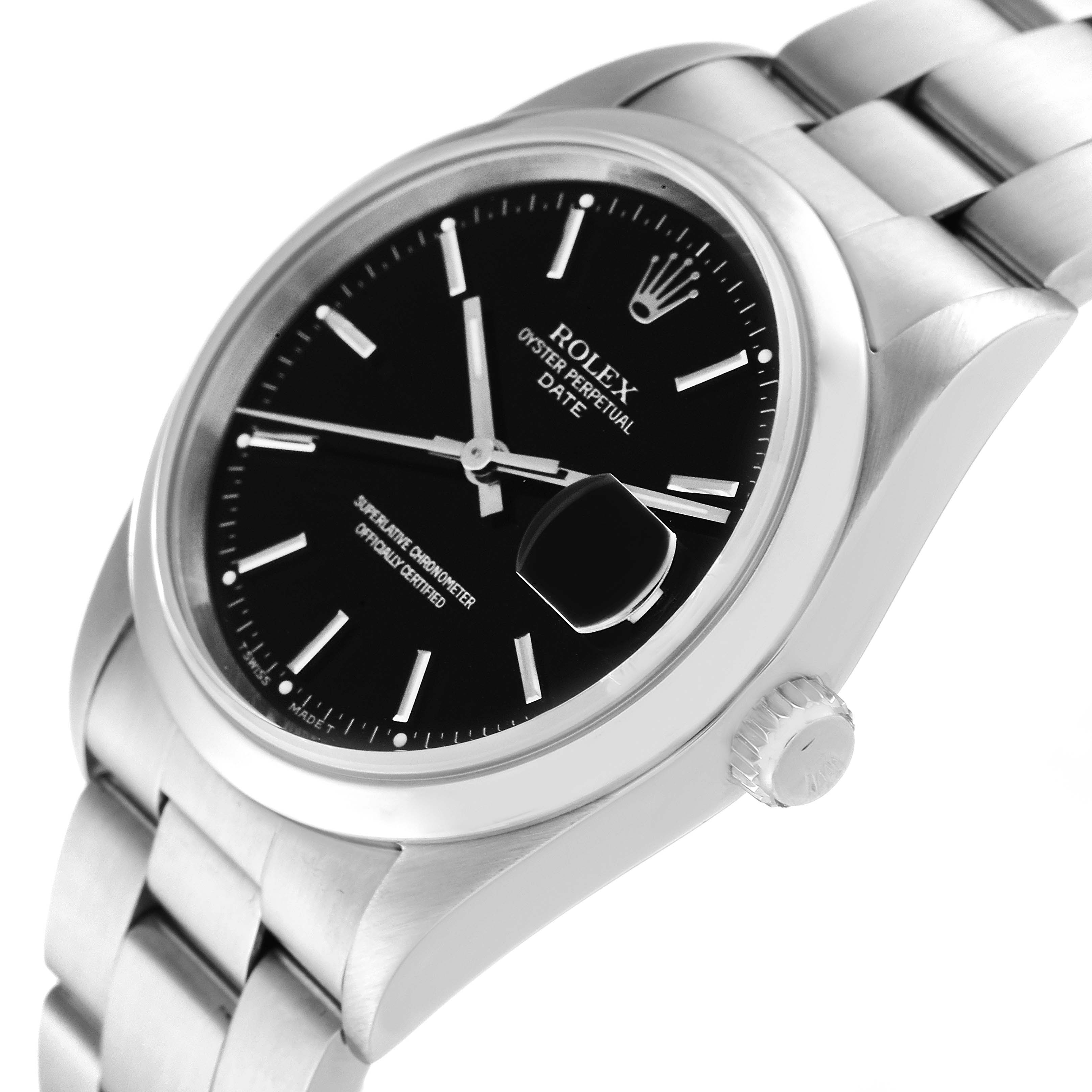 This image shows a side angle of the Rolex Date 15200 Men
s Stainless Steel Black Dial 15200 Men
s Stainless Steel Black Dial watch, featuring its face, crown, and bracelet.