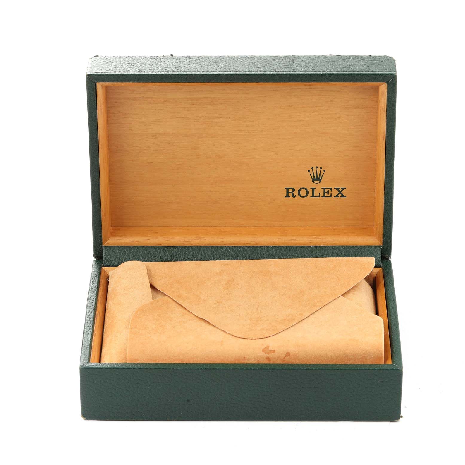 The image shows an open Rolex Date 15200 Men
s Stainless Steel Black Dial 15200 Men
s Stainless Steel Black Dial watch box, revealing the inner packaging.