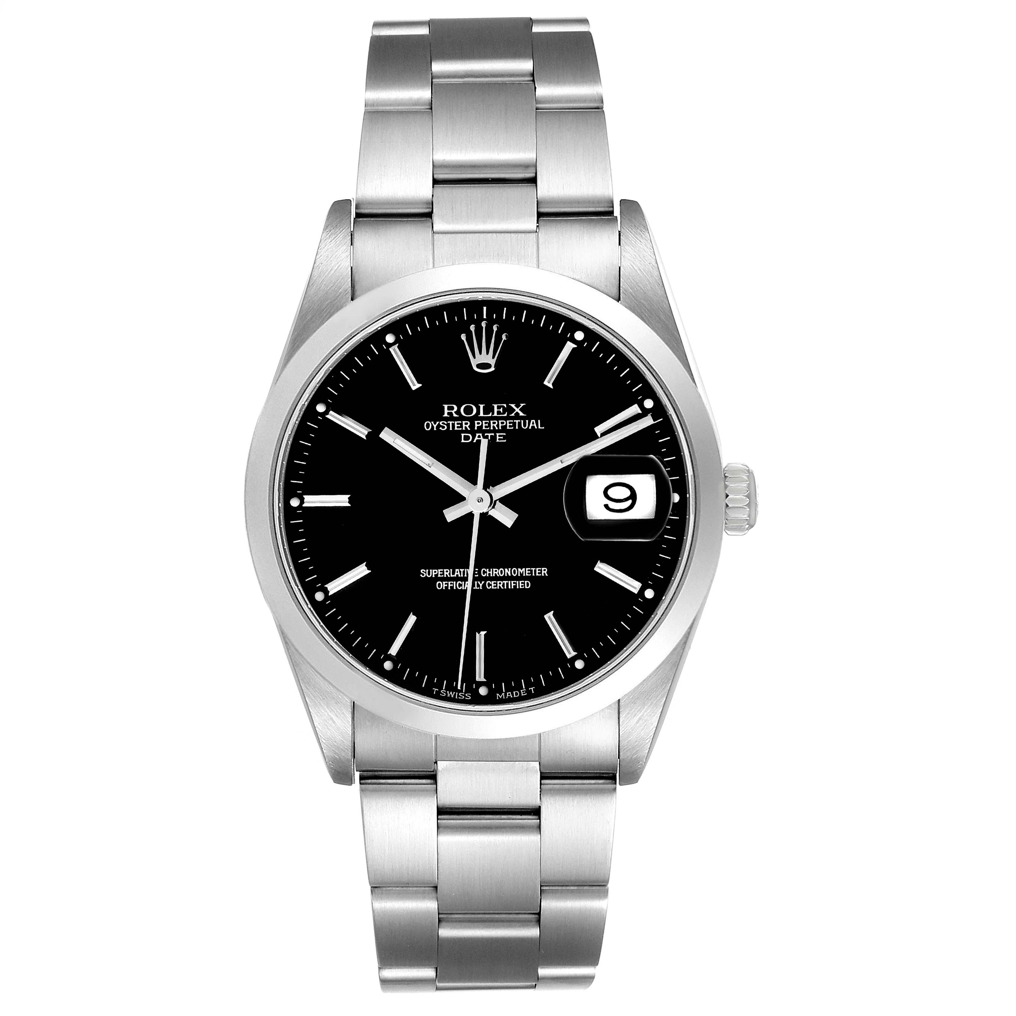 The image shows a front view of a Rolex Date 15200 Men
s Stainless Steel Black Dial 15200 Men
s Stainless Steel Black Dial model watch, displaying its face, bracelet, and clasp.