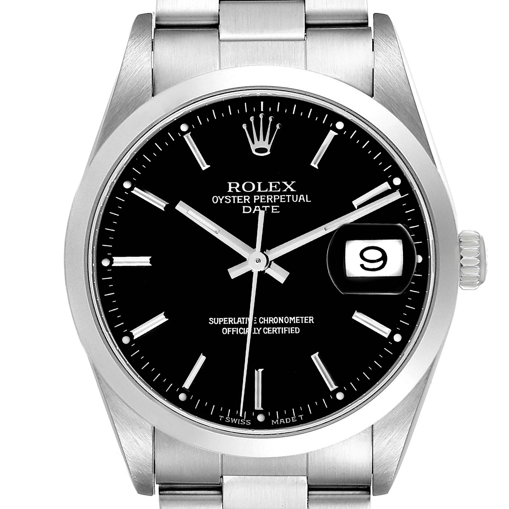 This Rolex Date 15200 Men
s Stainless Steel Black Dial 15200 Men
s Stainless Steel Black Dial model watch is shown from the front, highlighting the black dial, luminescent hands, date window, and stainless steel bracelet.