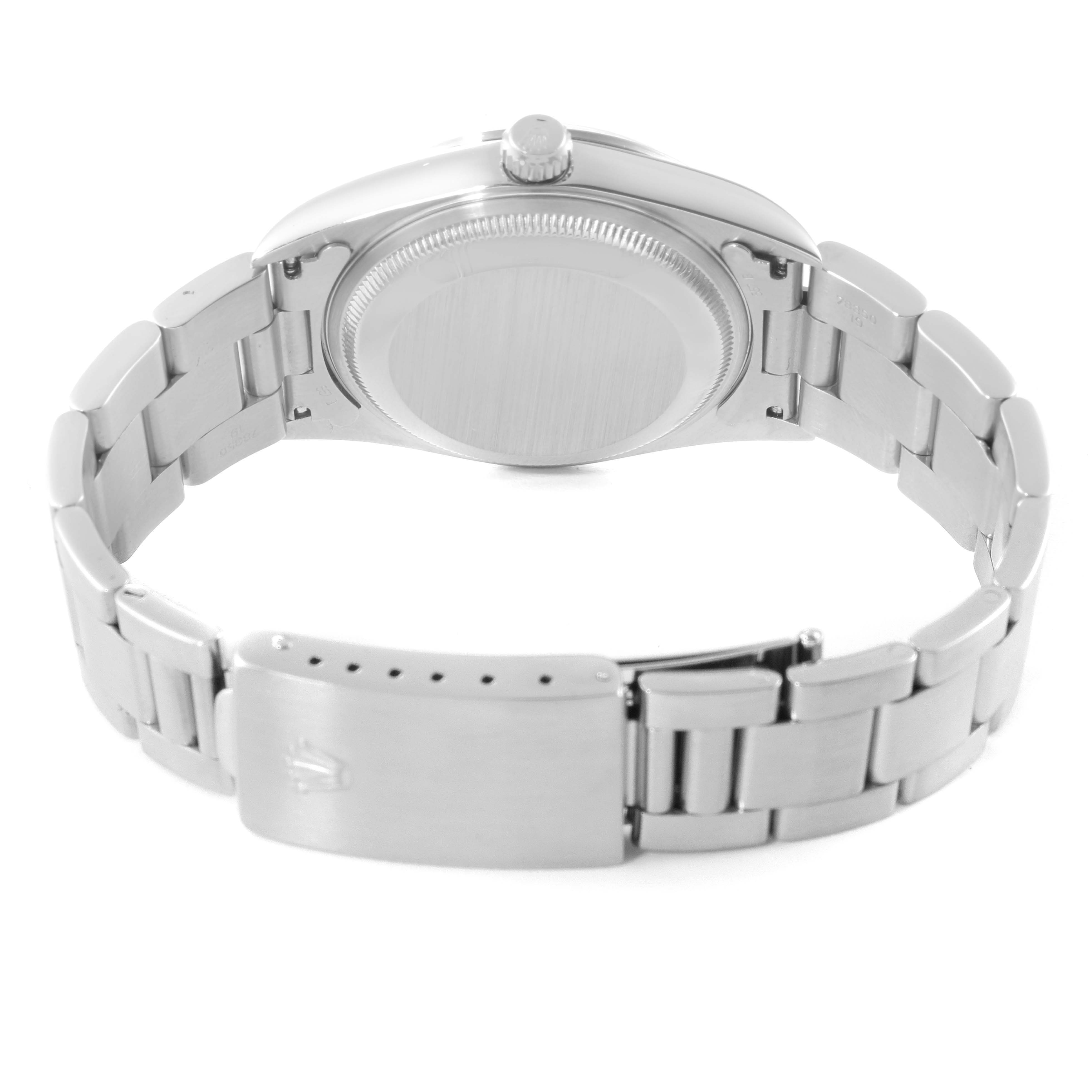 This is a rear view of the Rolex Date 15200 Men
s Stainless Steel Black Dial 15200 Men
s Stainless Steel Black Dial Model watch showing the case back, crown, and metal bracelet with clasp.