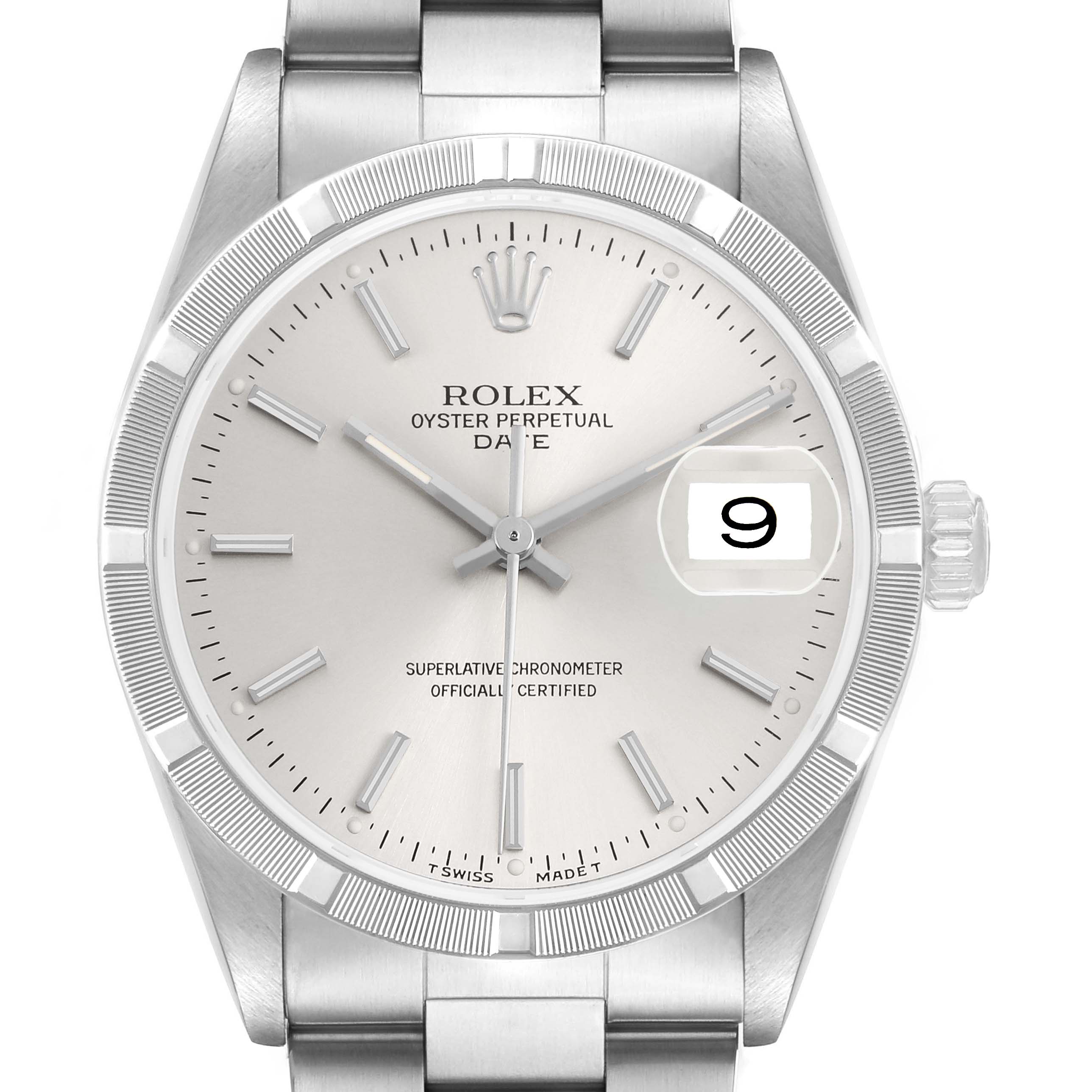 The image shows a Rolex Date 15210 Men's Stainless Steel Silver Dial watch from the front, highlighting the dial, hands, bezel, crown, and bracelet.