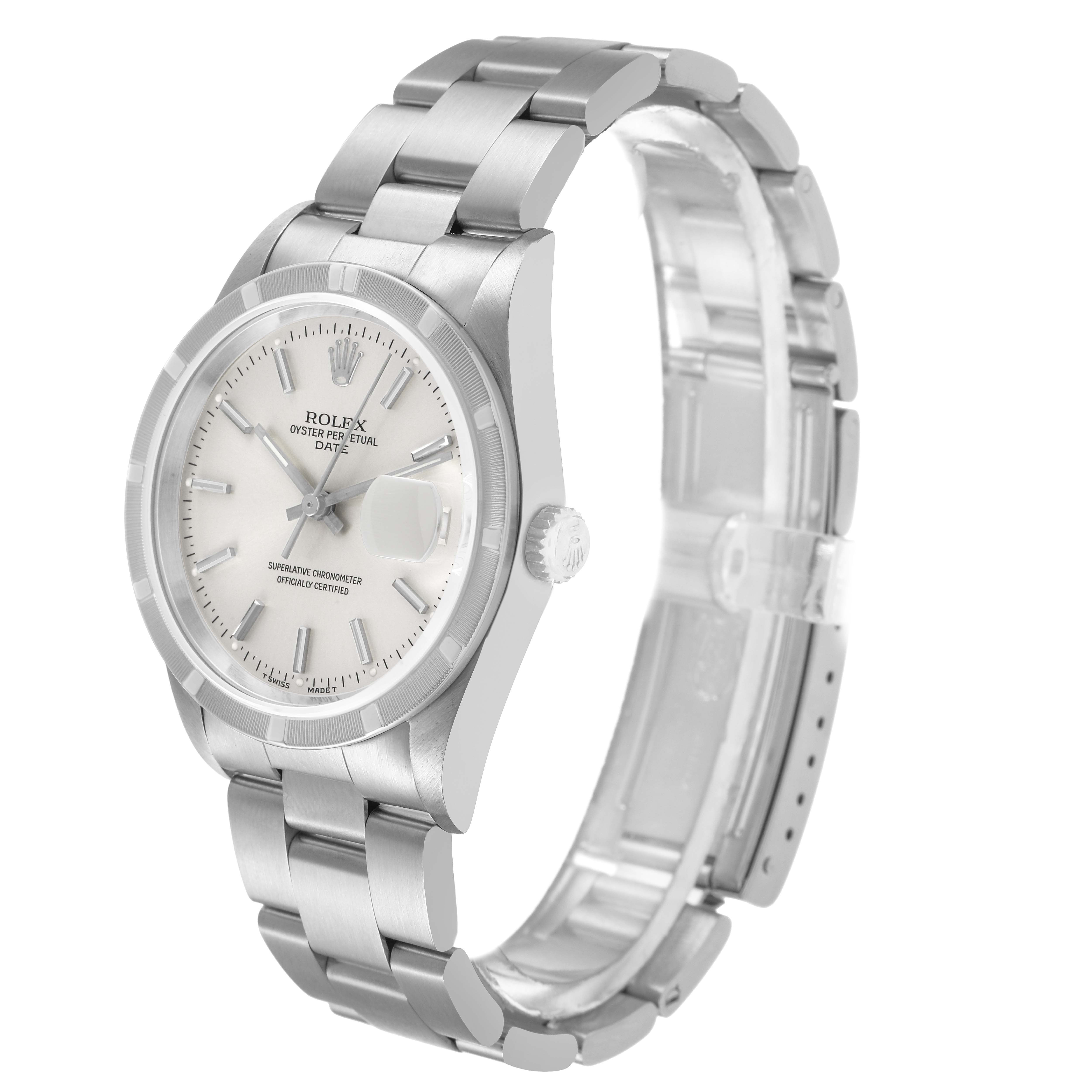 The Rolex Date 15210 Men's Stainless Steel Silver Dial model watch is shown at a slight angle, featuring its face, bracelet, and crown.