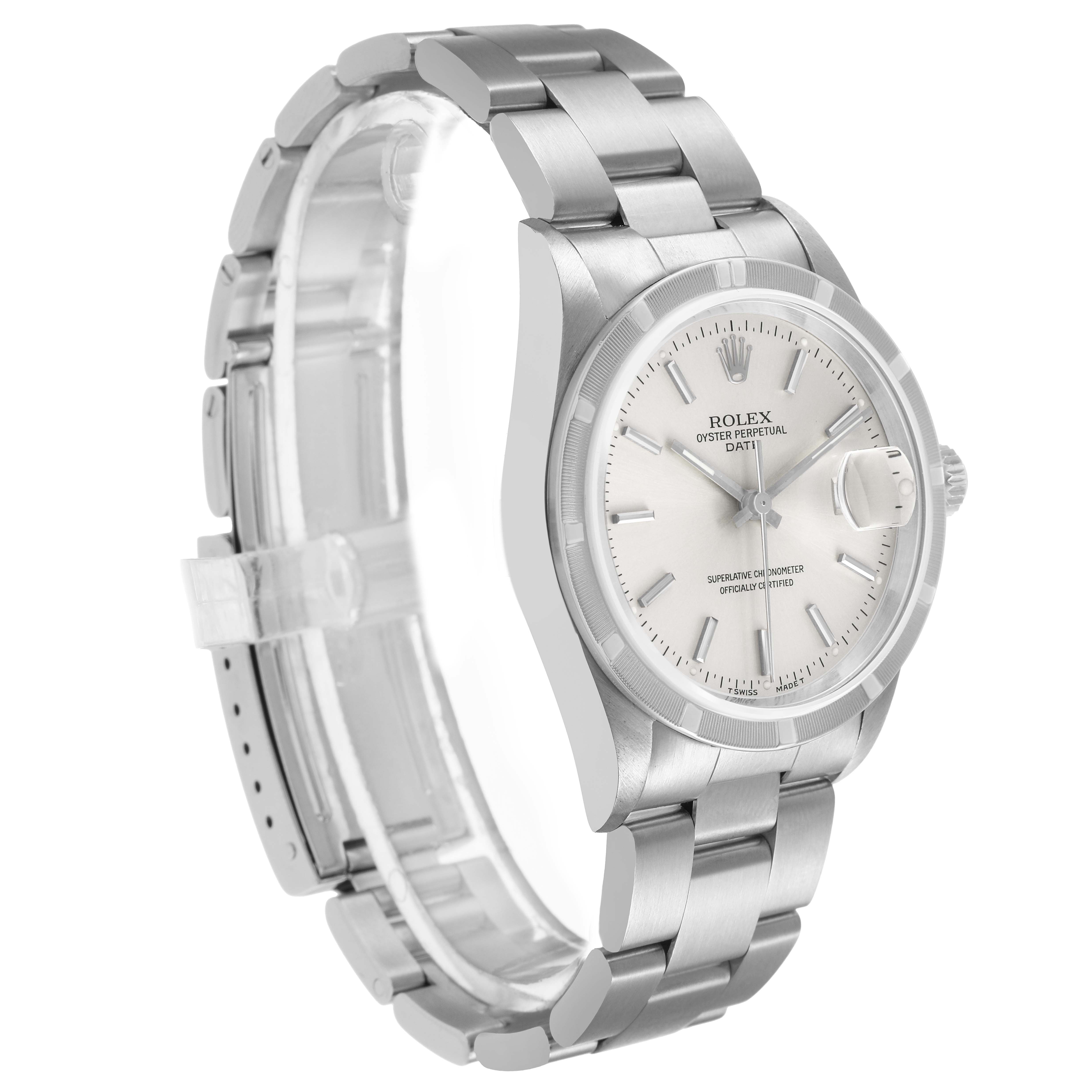 The Rolex Date 15210 Men's Stainless Steel Silver Dial watch is shown at a 3/4 angle, highlighting the face, bezel, and bracelet.