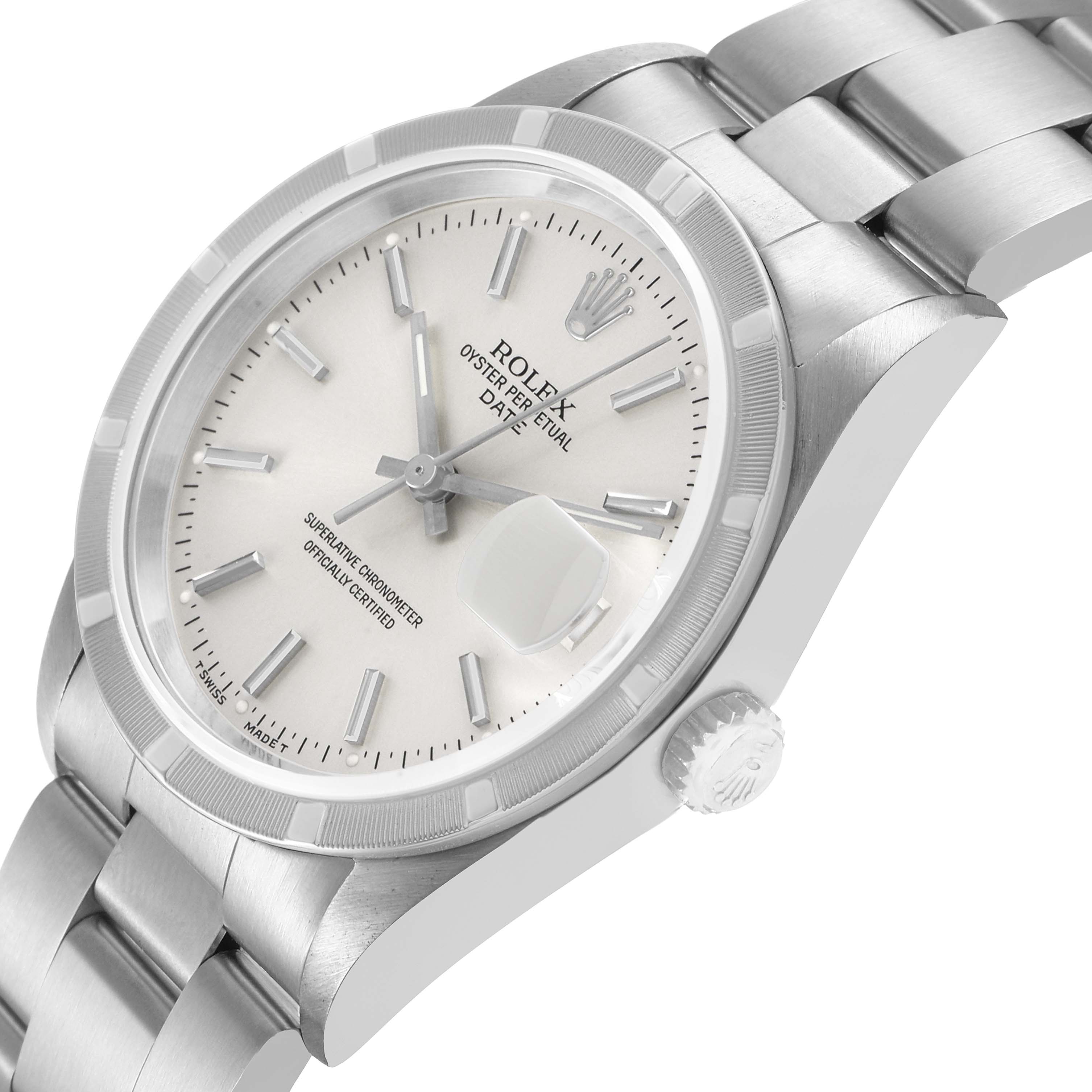 The Rolex Date 15210 Men's Stainless Steel Silver Dial watch is shown at a slight angle, highlighting the dial, bracelet, crown, and cyclops lens over the date.
