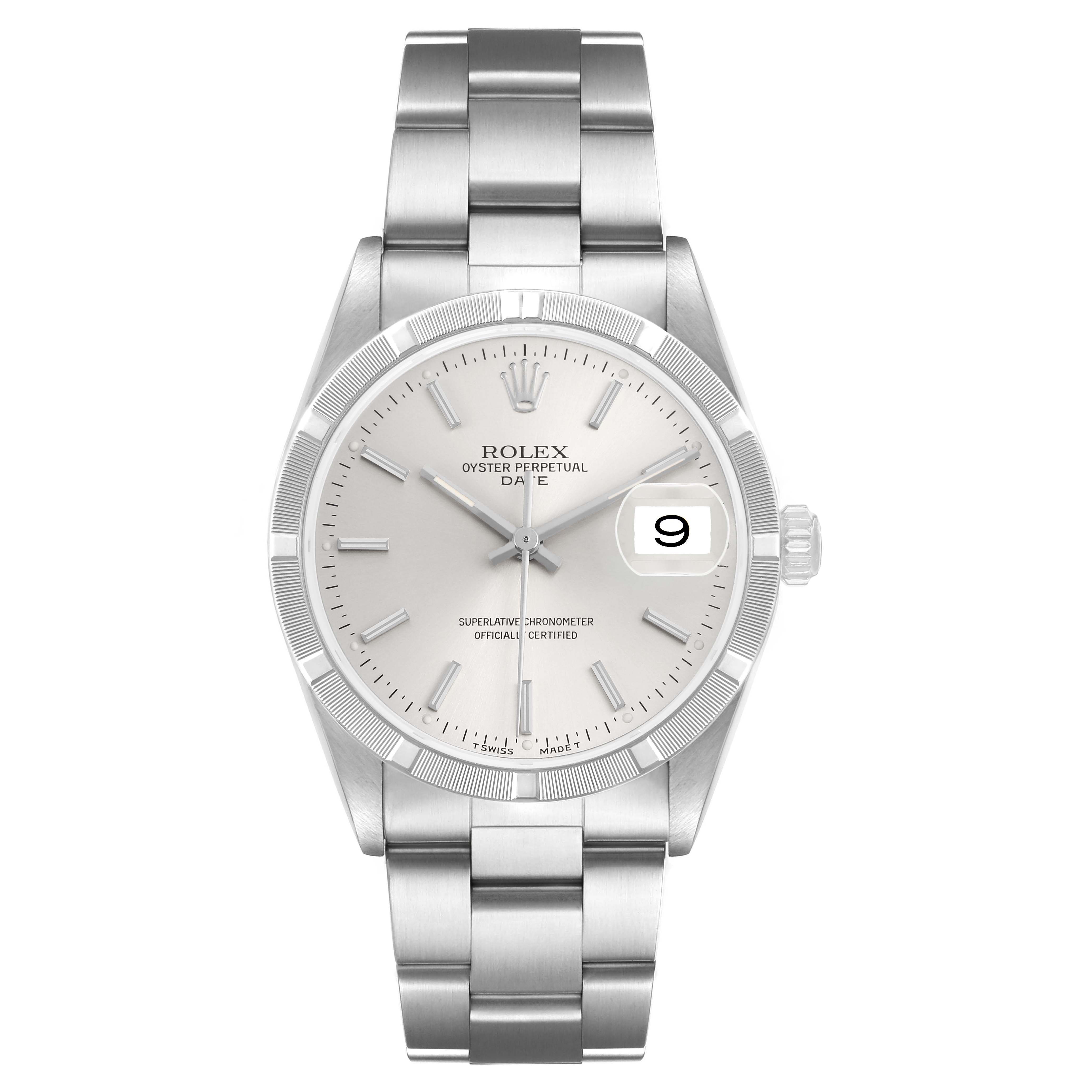 The Rolex Date 15210 Men's Stainless Steel Silver Dial watch is shown from a front view, highlighting its silver dial, bezel, and bracelet with a date display.