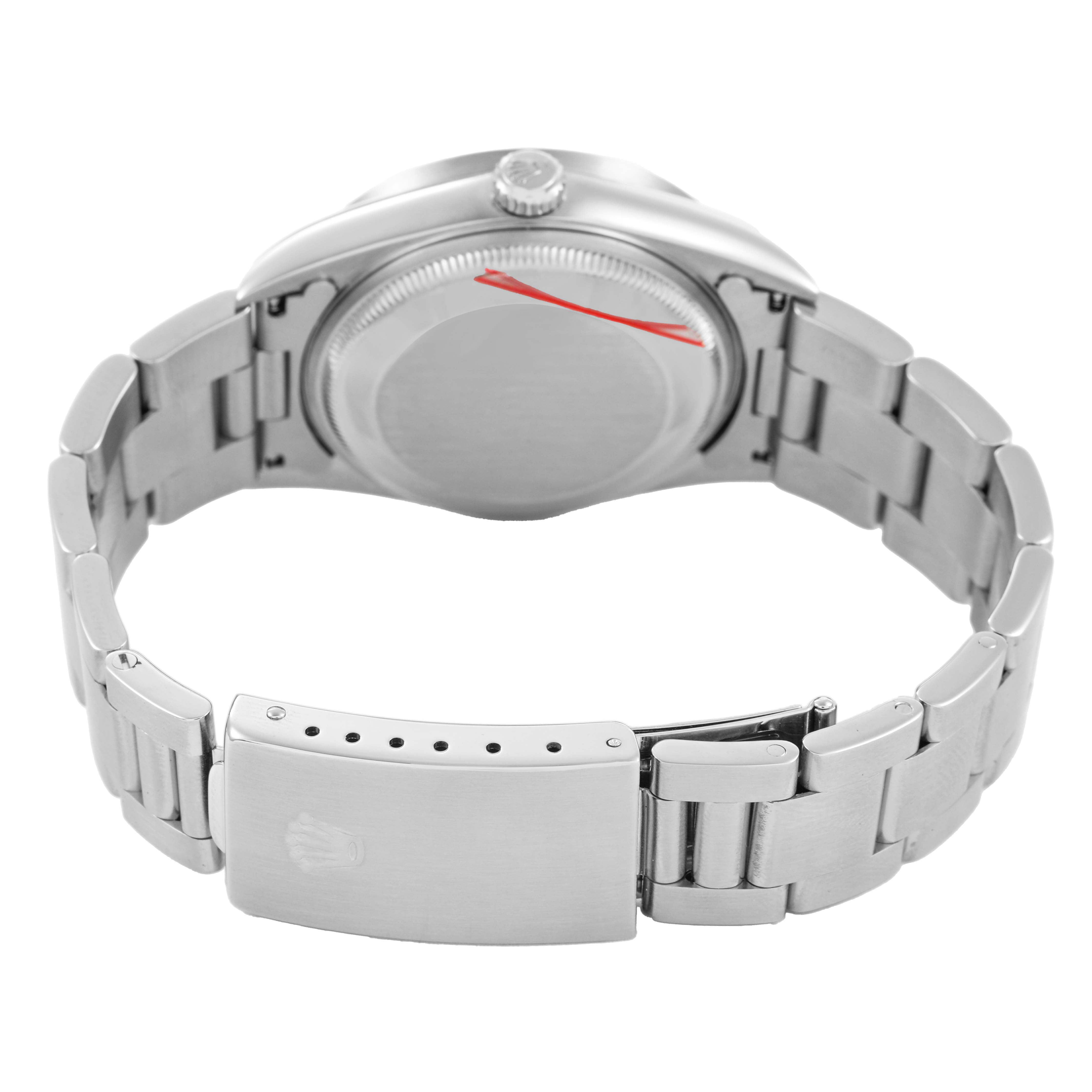 The Rolex Date 15210 Men's Stainless Steel Silver Dial model is shown from the rear, displaying the bracelet, clasp, and case back.