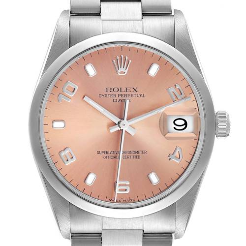 The Rolex Date 15200 Men's Stainless Steel Pink Dial model watch is shown from the front, highlighting the dial, hands, crown, and bracelet.