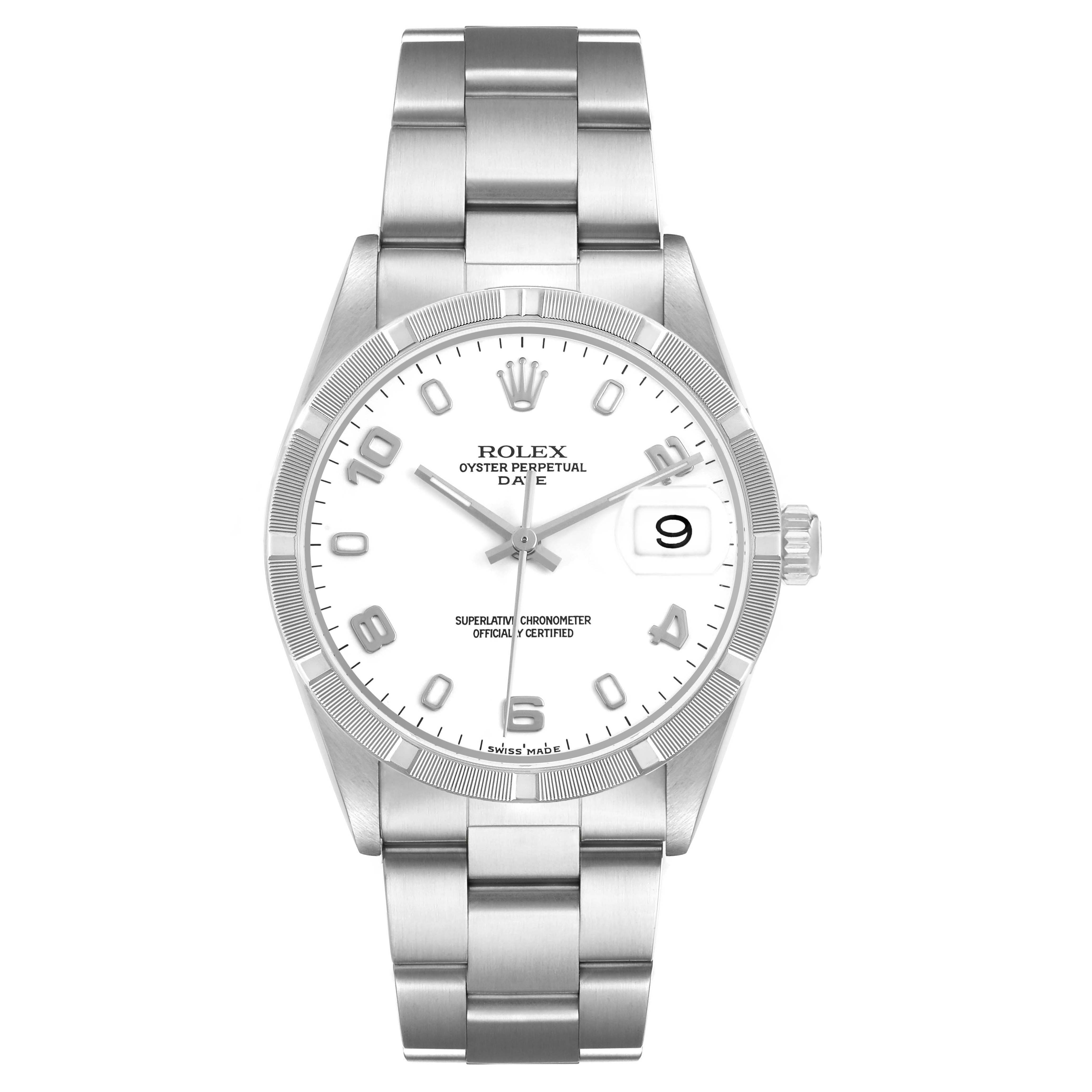 The Rolex Date 15210 Mens Stainless Steel White Dial watch is shown from a top-down angle, displaying the dial, stainless steel case, and bracelet.