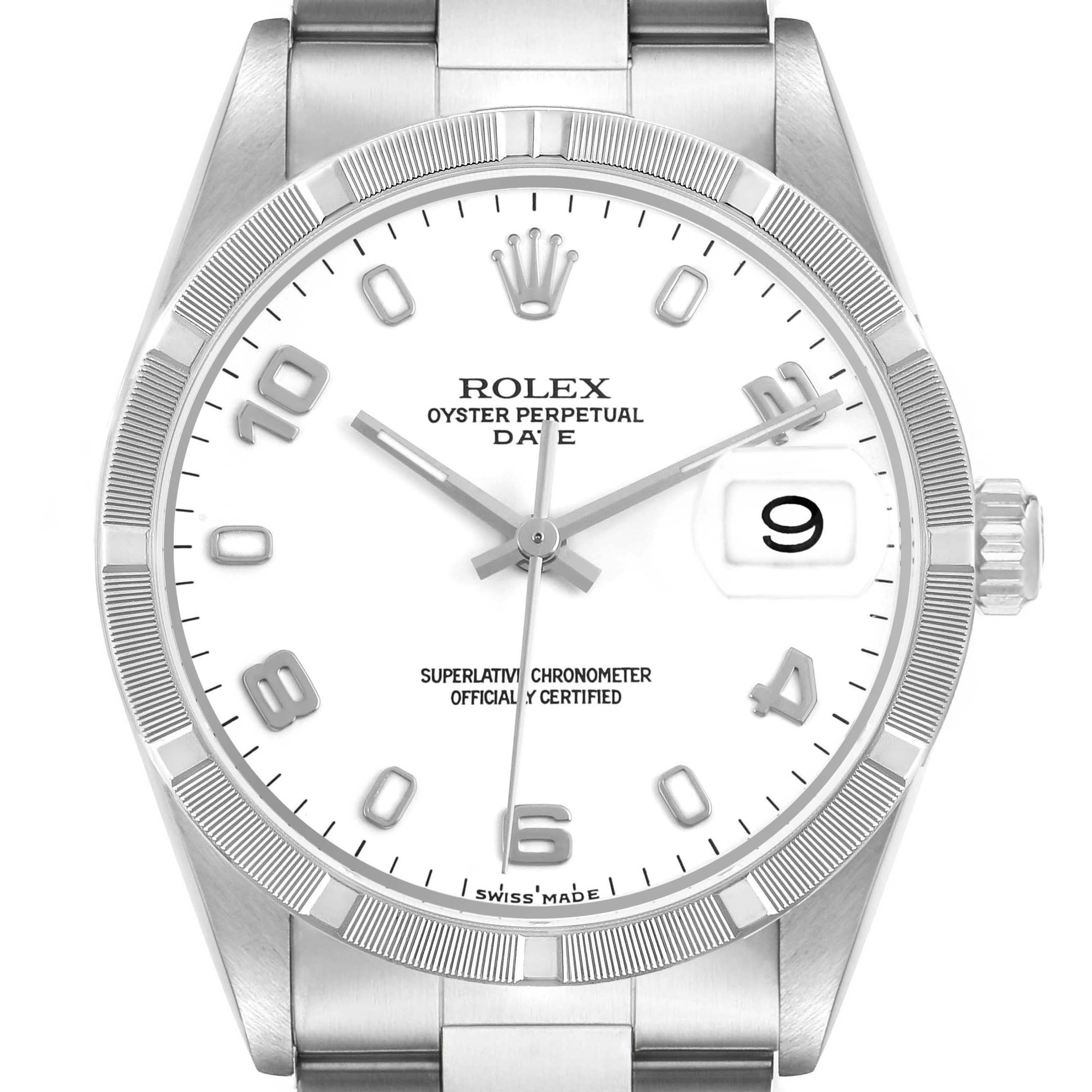 The image shows a Rolex Date 15210 Mens Stainless Steel White Dial model watch face-up, highlighting the dial, bezel, crown, and part of the bracelet.