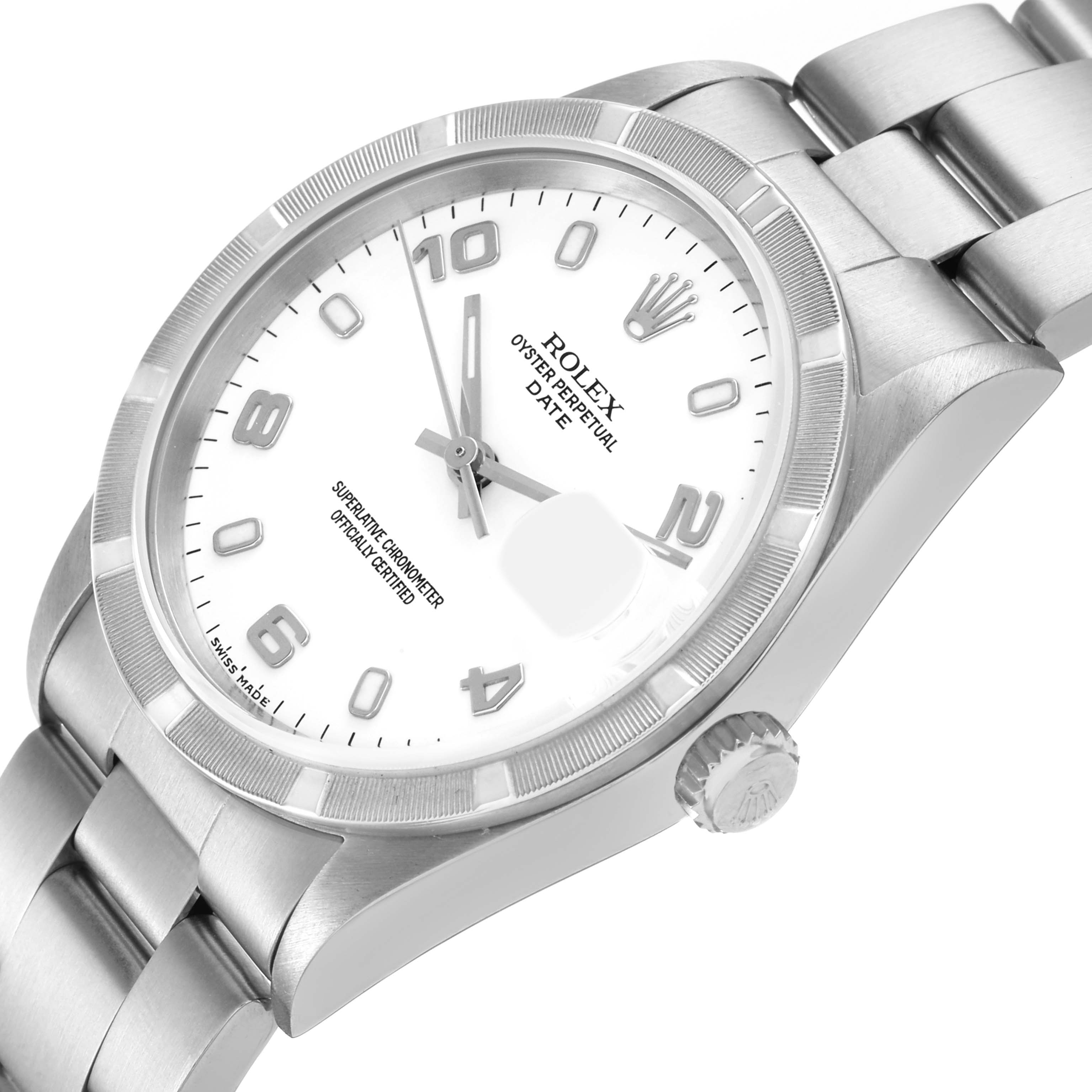 The Rolex Date 15210 Men's Stainless Steel White Dial watch is shown at an angled view, highlighting the dial, bezel, crown, and part of the bracelet.