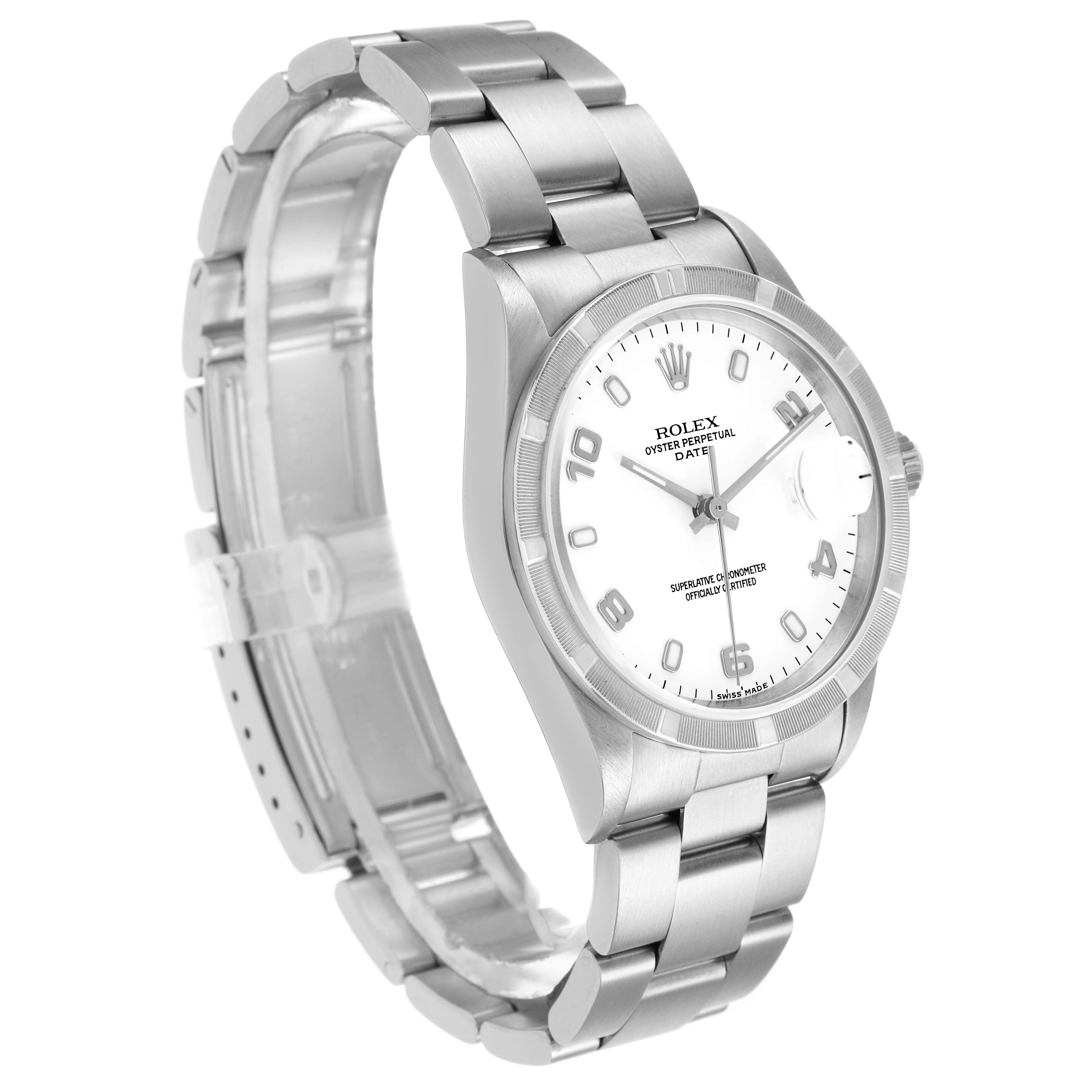 The Rolex Date 15210 Men's Stainless Steel White Dial model watch is shown at a slight diagonal angle, highlighting the bracelet, dial, and bezel.