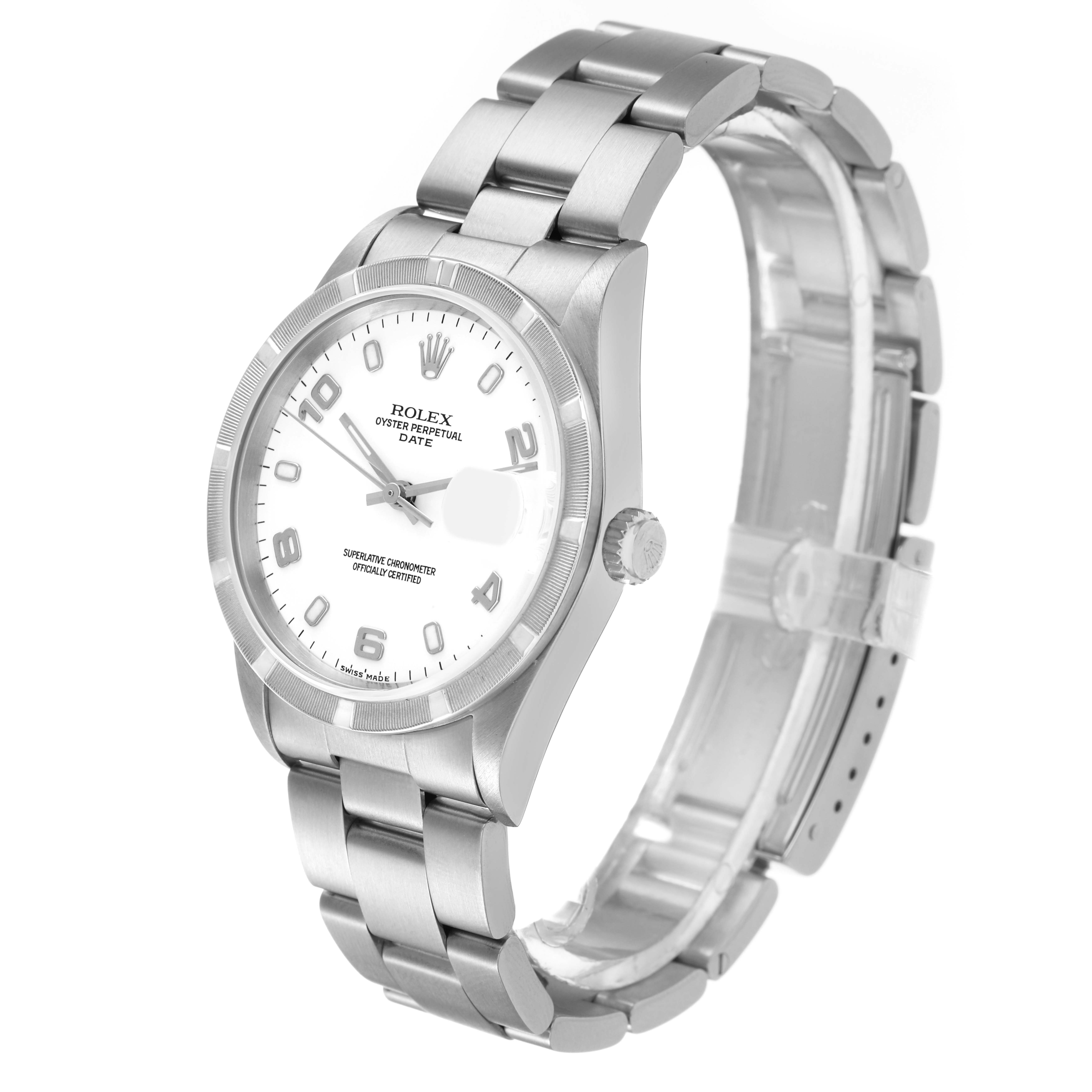 The Rolex Date 15210 Men's Stainless Steel White Dial watch is shown at a three-quarter angle, highlighting the face, bezel, crown, and bracelet.
