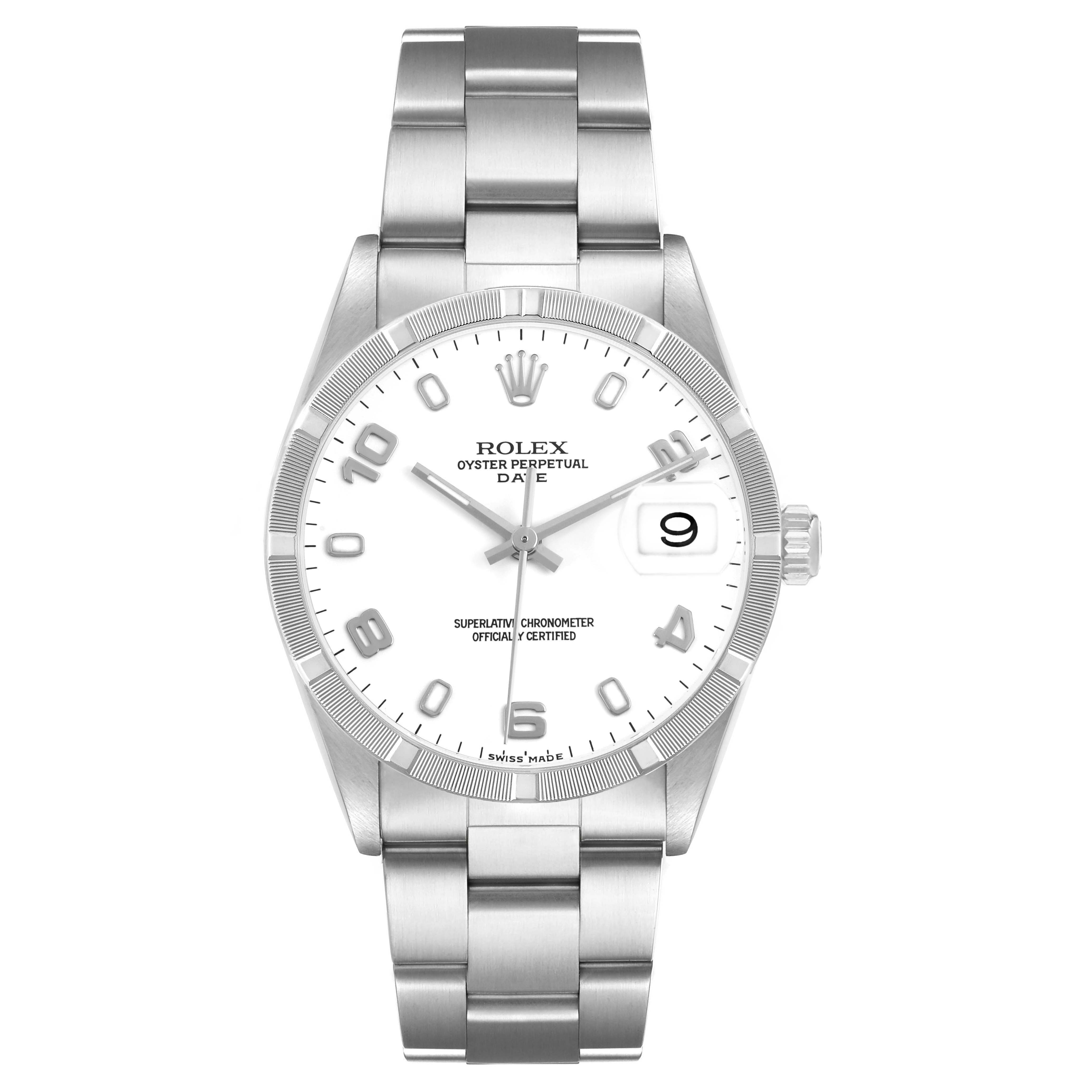 The Rolex Date 15210 Men's Stainless Steel White Dial model is shown from the front, highlighting the face, bracelet, and bezel with its date window.