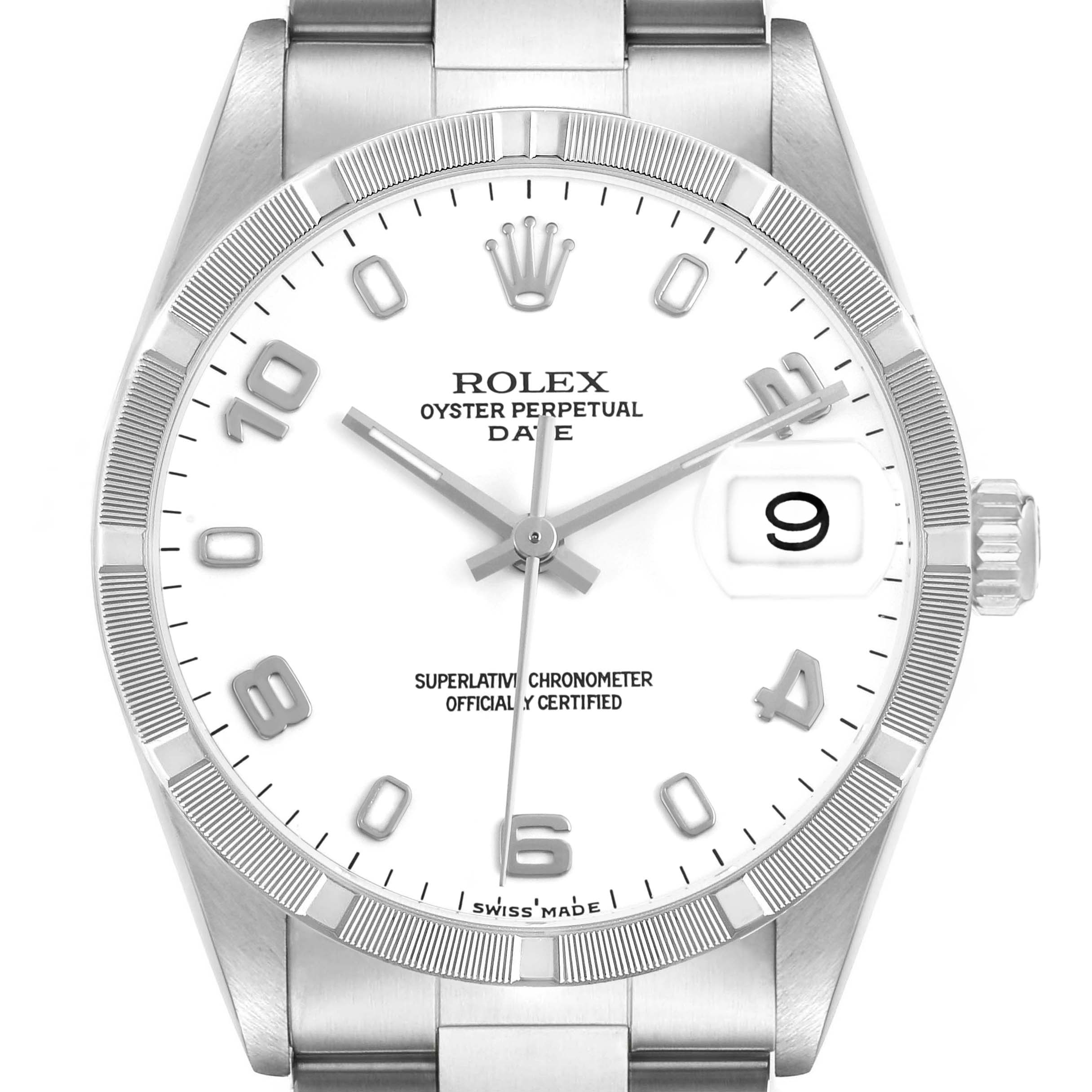 The image shows a Rolex Date 15210 Men's Stainless Steel White Dial watch from a frontal angle, highlighting its face, bezel, hands, and crown.