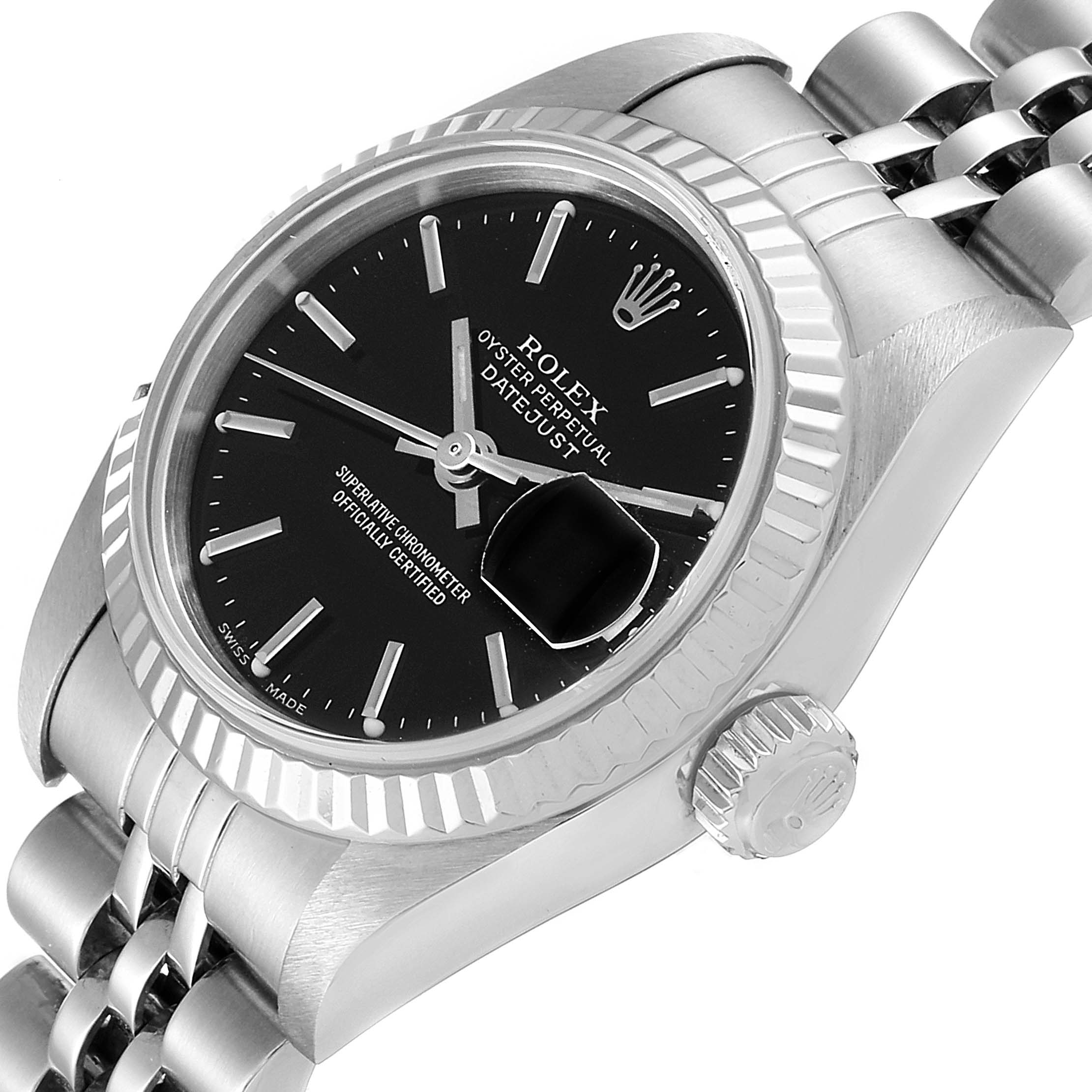 The image shows a close-up angle of a Rolex Datejust 79174 Women
s Stainless Steel Black Dial 79174 Women
s Stainless Steel Black Dial watch, featuring its bezel, crown, dial, and part of the bracelet.