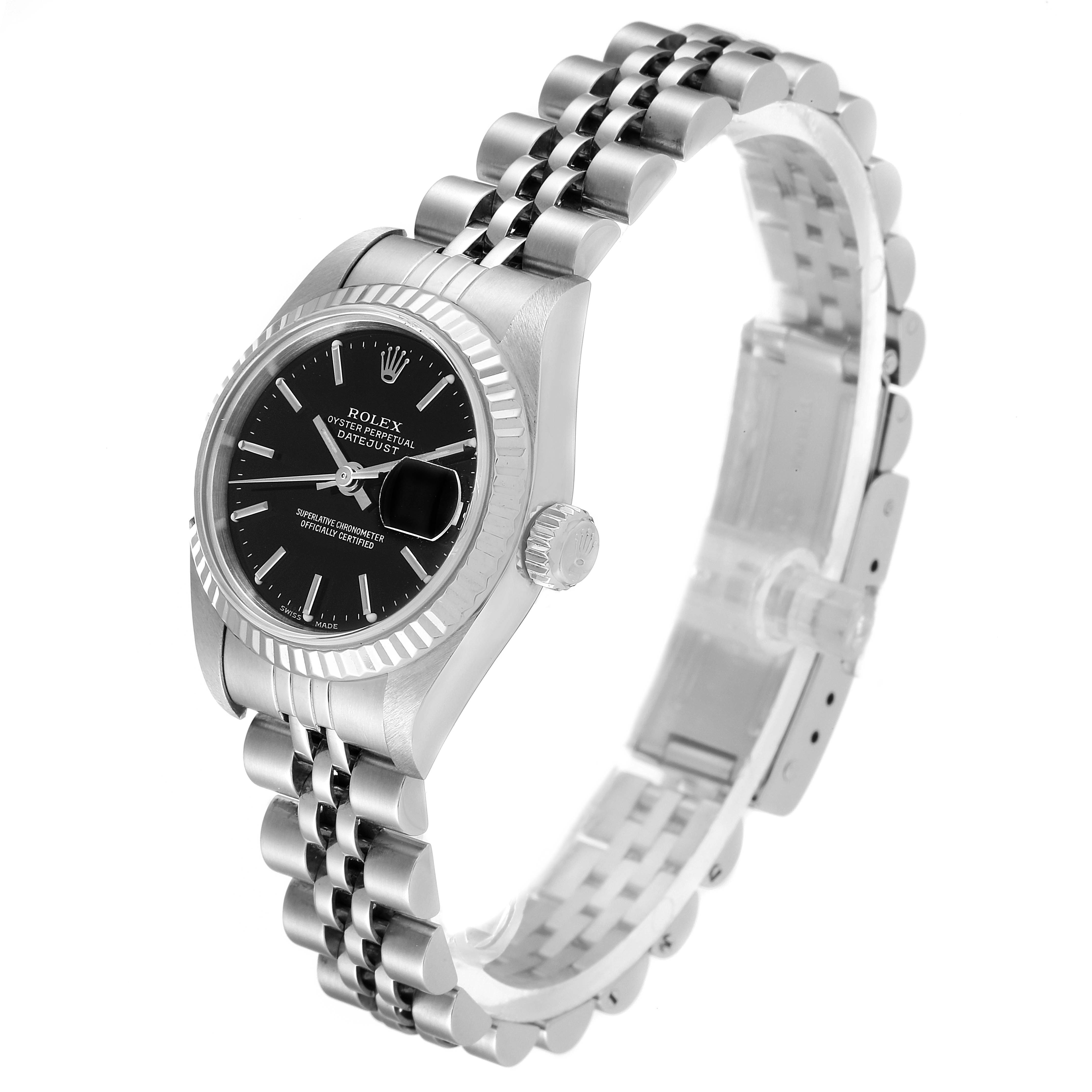 This is a side view of the Rolex Datejust 79174 Women
s Stainless Steel Black Dial 79174 Women
s Stainless Steel Black Dial watch, showcasing the dial, bezel, crown, and bracelet.