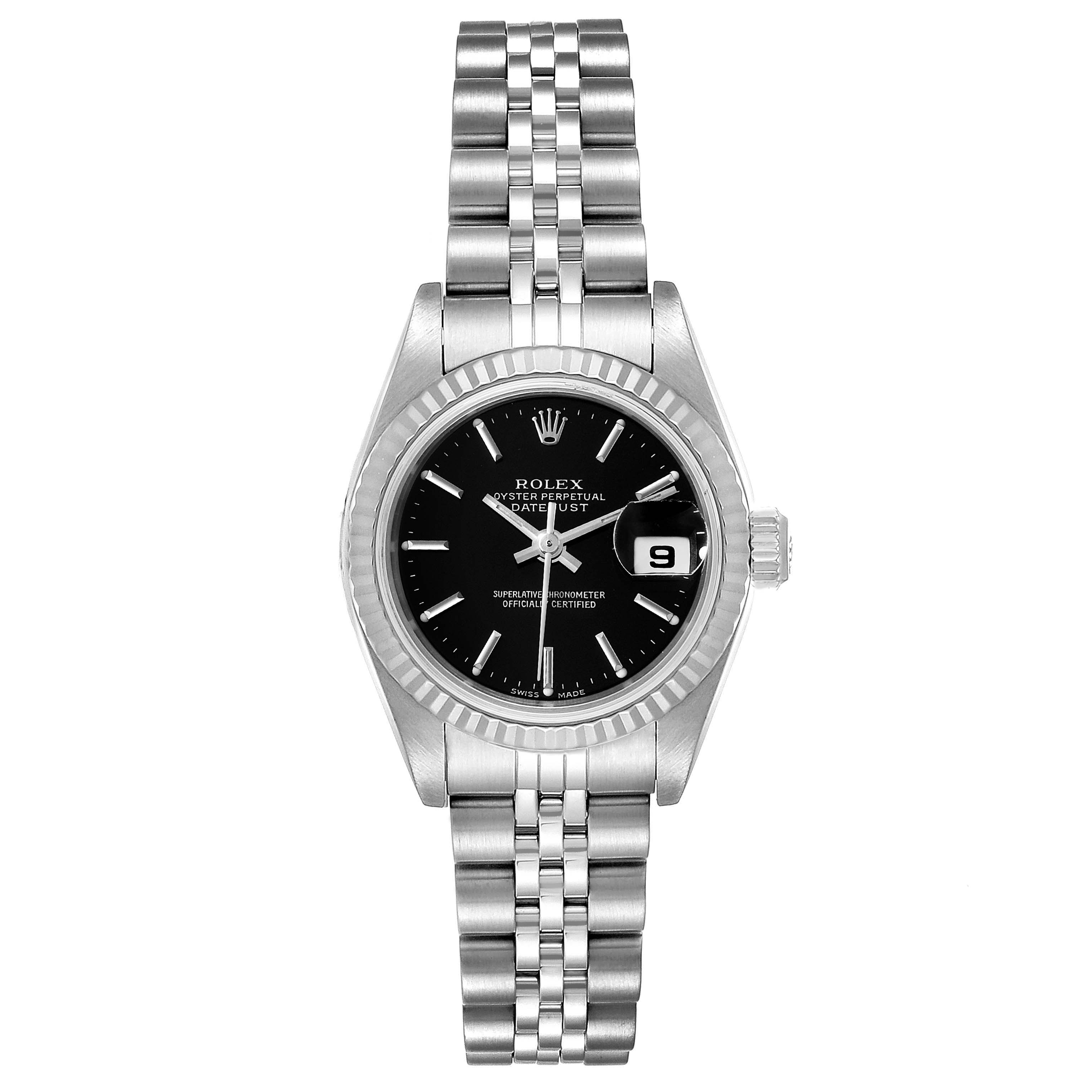 This image shows a Rolex Datejust 79174 Women
s Stainless Steel Black Dial 79174 Women
s Stainless Steel Black Dial watch from a front angle, displaying the dial, bezel, case, crown, and bracelet.