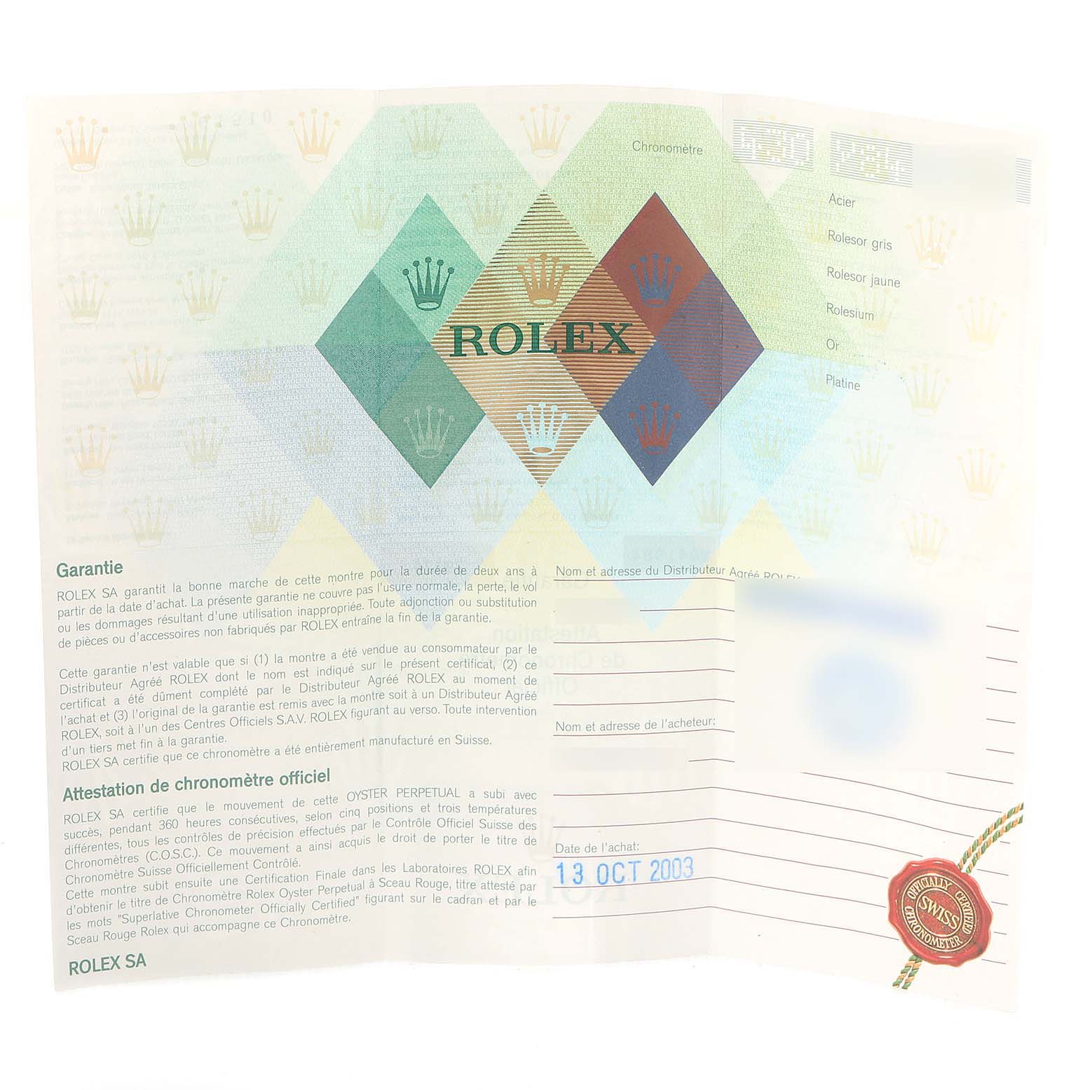 This image shows a warranty certificate for a Rolex Datejust 79174 Women
s Stainless Steel Black Dial 79174 Women
s Stainless Steel Black Dial watch, dated 13 October 2003.