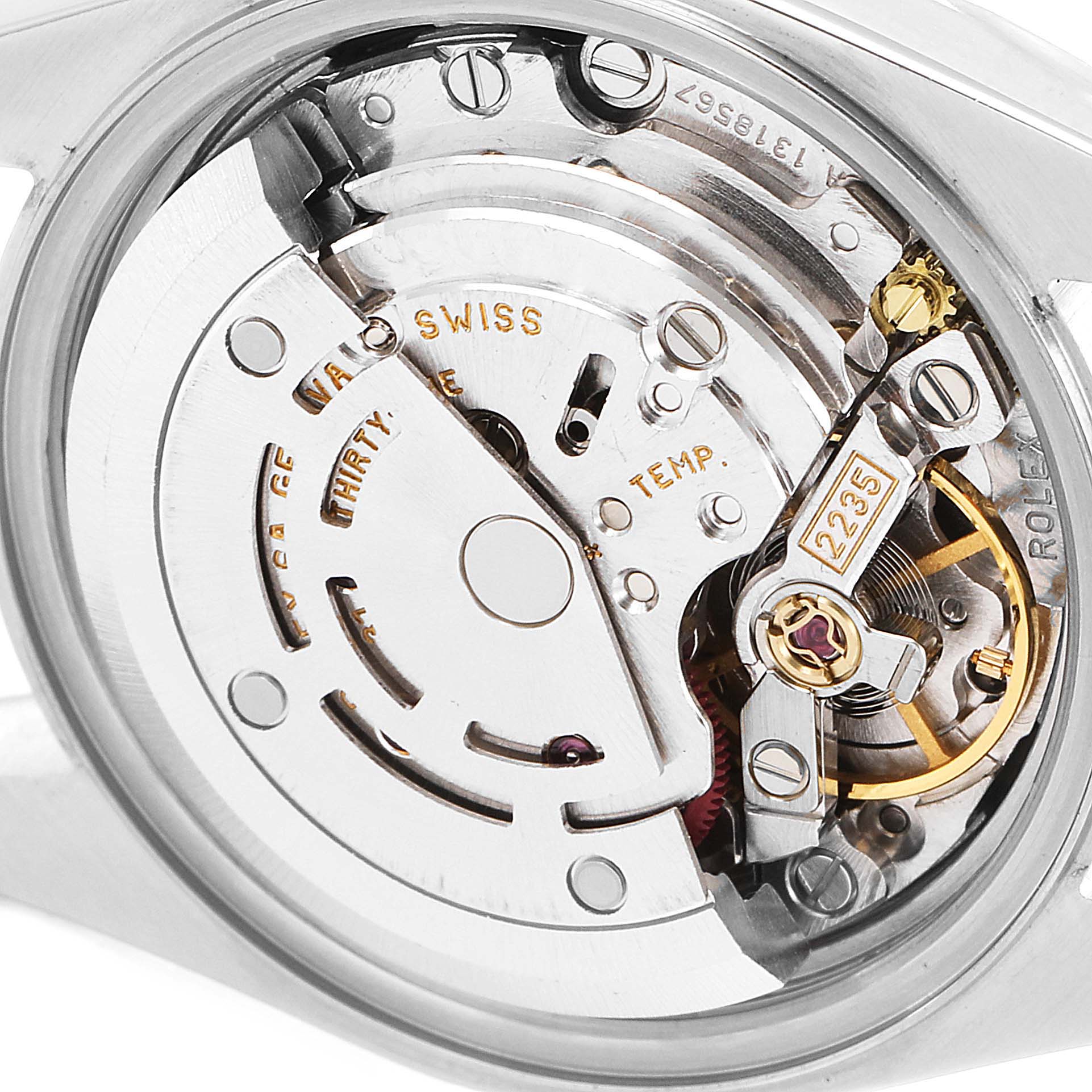 This image shows a close-up view of the Rolex Datejust 79174 Women
s Stainless Steel Black Dial 79174 Women
s Stainless Steel Black Dial watch movement mechanism.