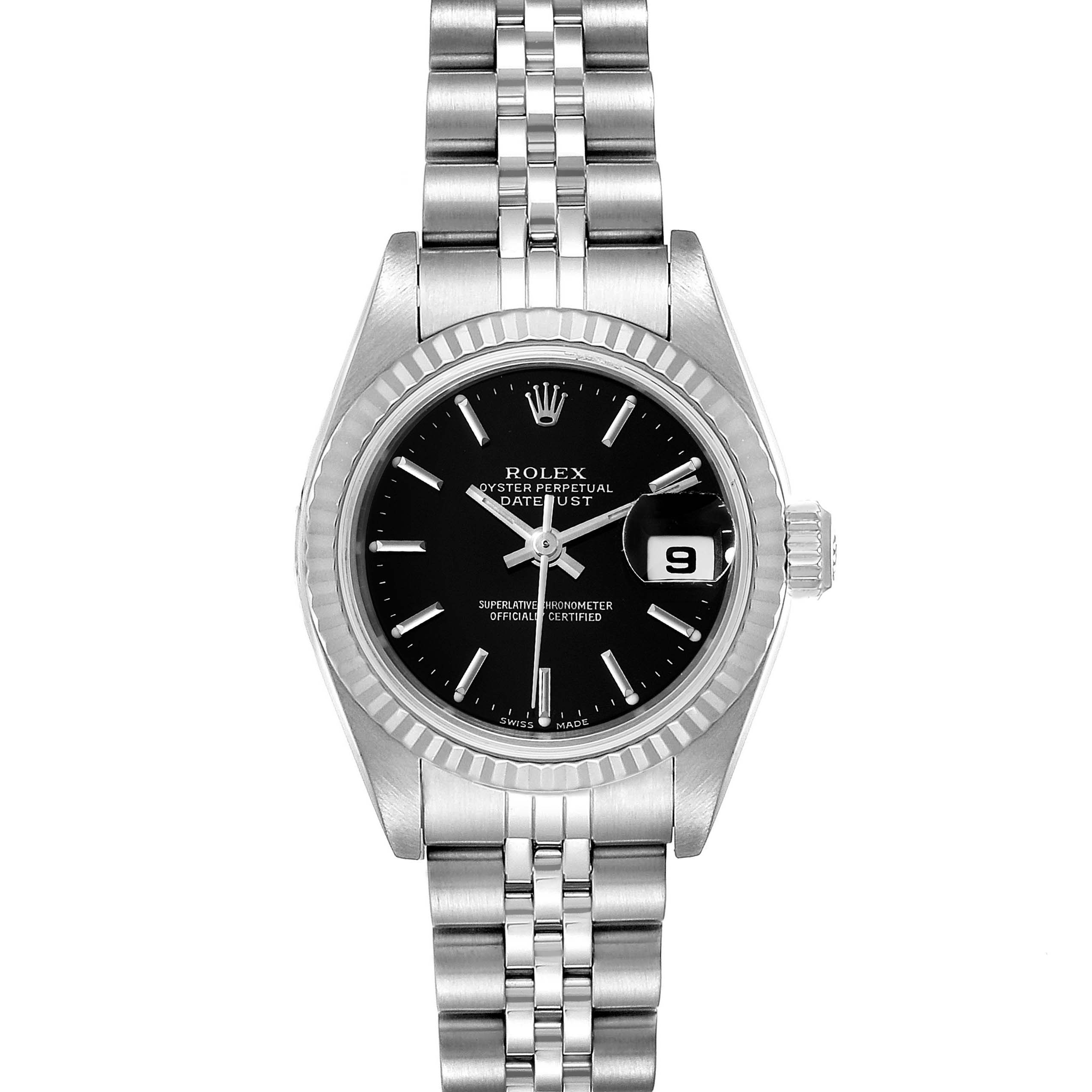 The image shows a front view of a Rolex Datejust 79174 Women
s Stainless Steel Black Dial 79174 Women
s Stainless Steel Black Dial watch, displaying the dial, hands, bezel, crown, and bracelet.