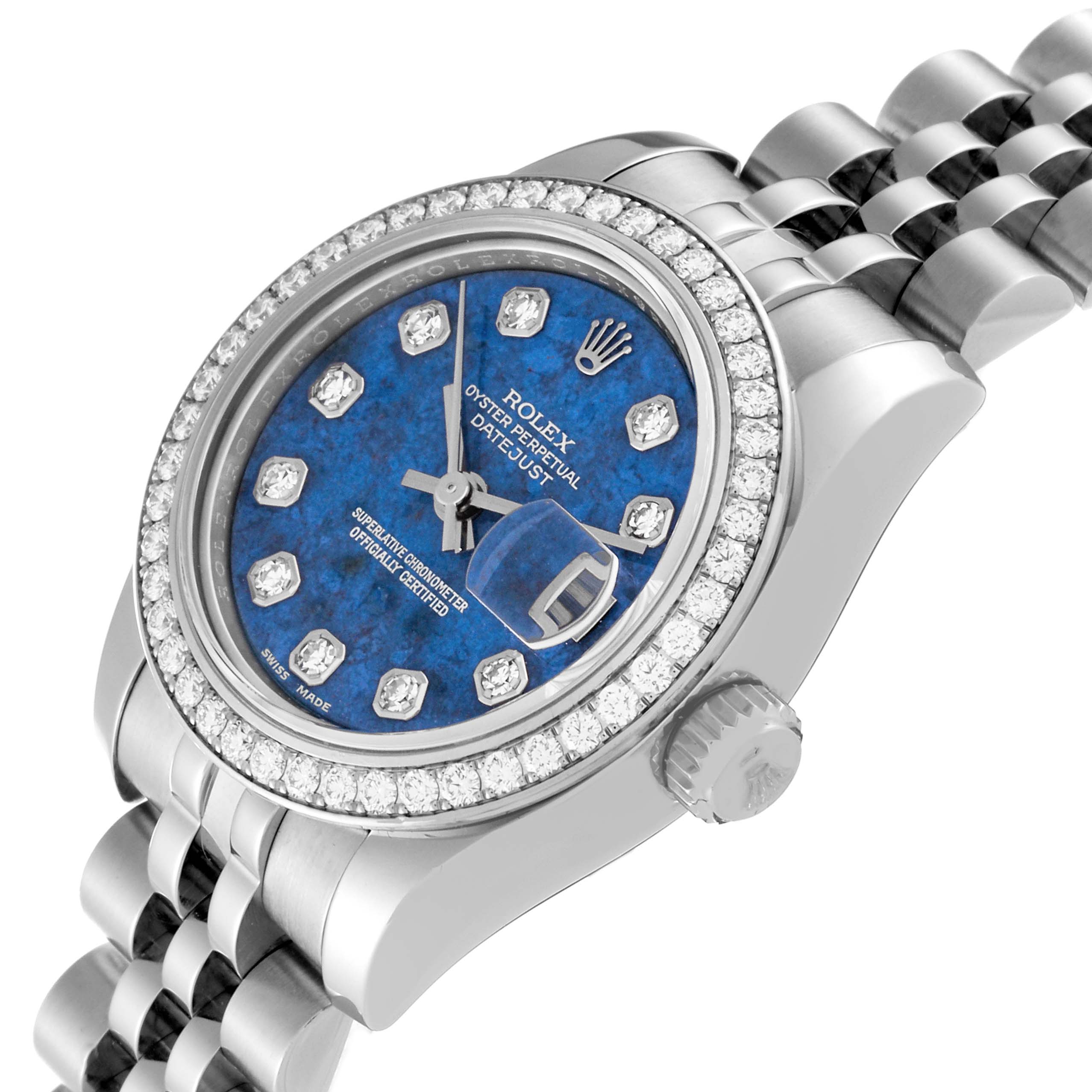 The image shows the Rolex Datejust 179384 Women's Stainless Steel Blue Dial 179384 Women's Stainless Steel Blue Dial watch at an angled close-up, highlighting the blue diamond dial, diamond bezel, and part of the bracelet.