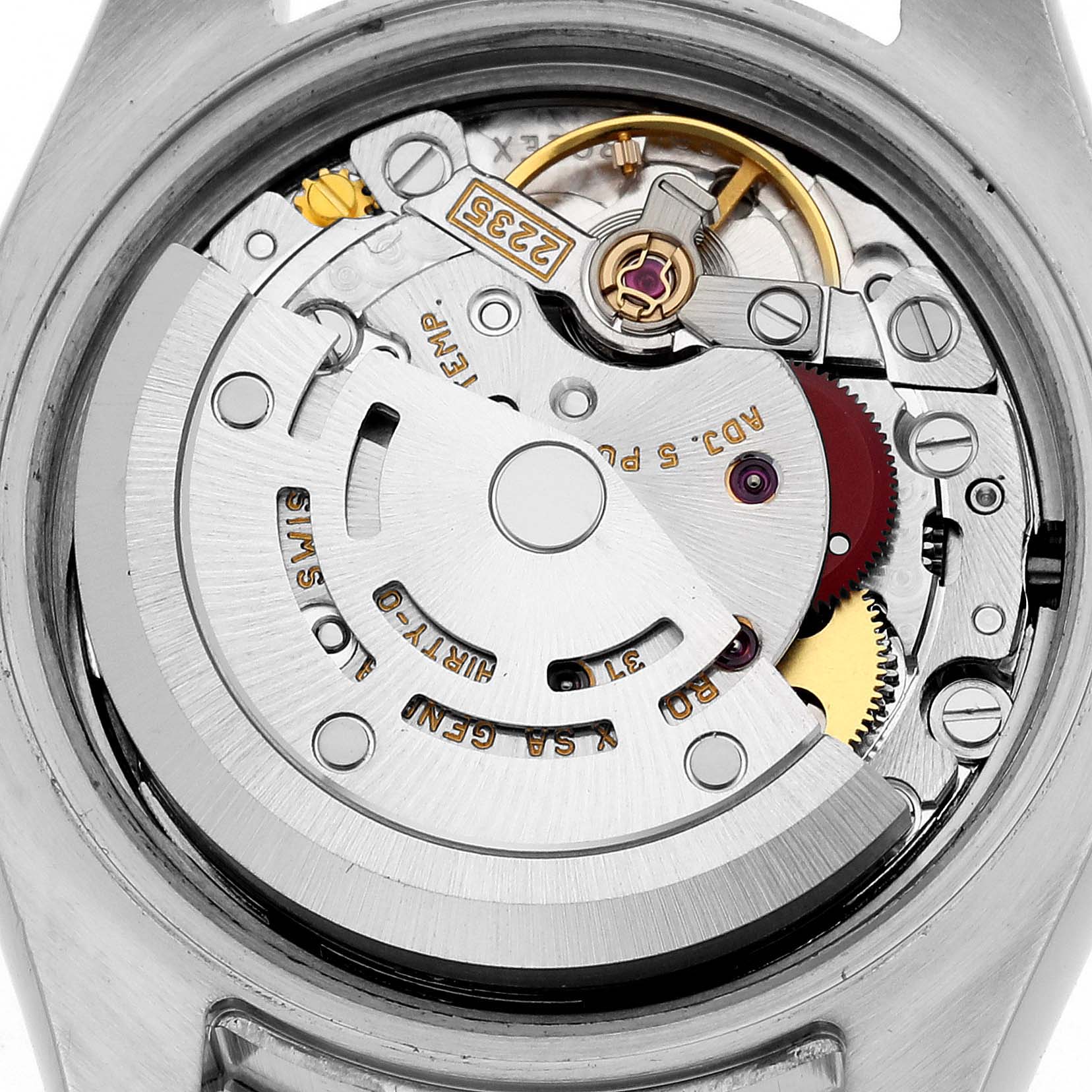 This close-up view showcases the intricate internal movement mechanism of the Rolex Datejust 179384 Women's Stainless Steel Blue Dial 179384 Women's Stainless Steel Blue Dial model watch.