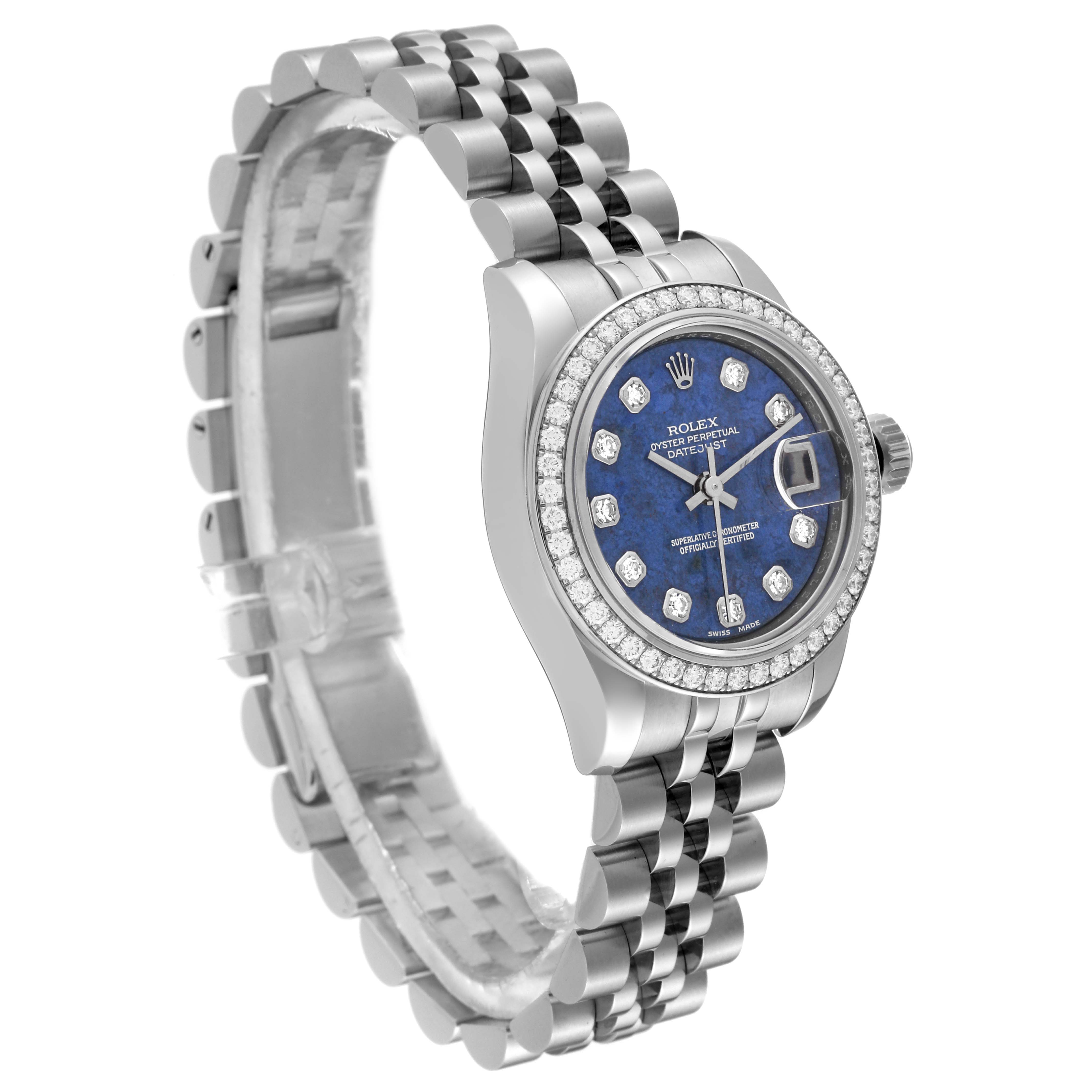 This Rolex Datejust 179384 Women's Stainless Steel Blue Dial 179384 Women's Stainless Steel Blue Dial watch is shown at an angled side view, displaying the face, bezel, crown, and bracelet.