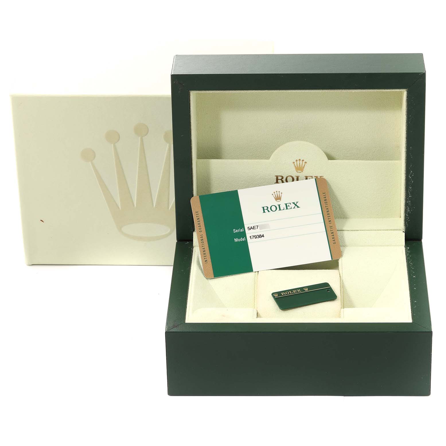 The image shows a Rolex Datejust 179384 Women's Stainless Steel Blue Dial 179384 Women's Stainless Steel Blue Dial watch box and authenticity card from a frontal angle.