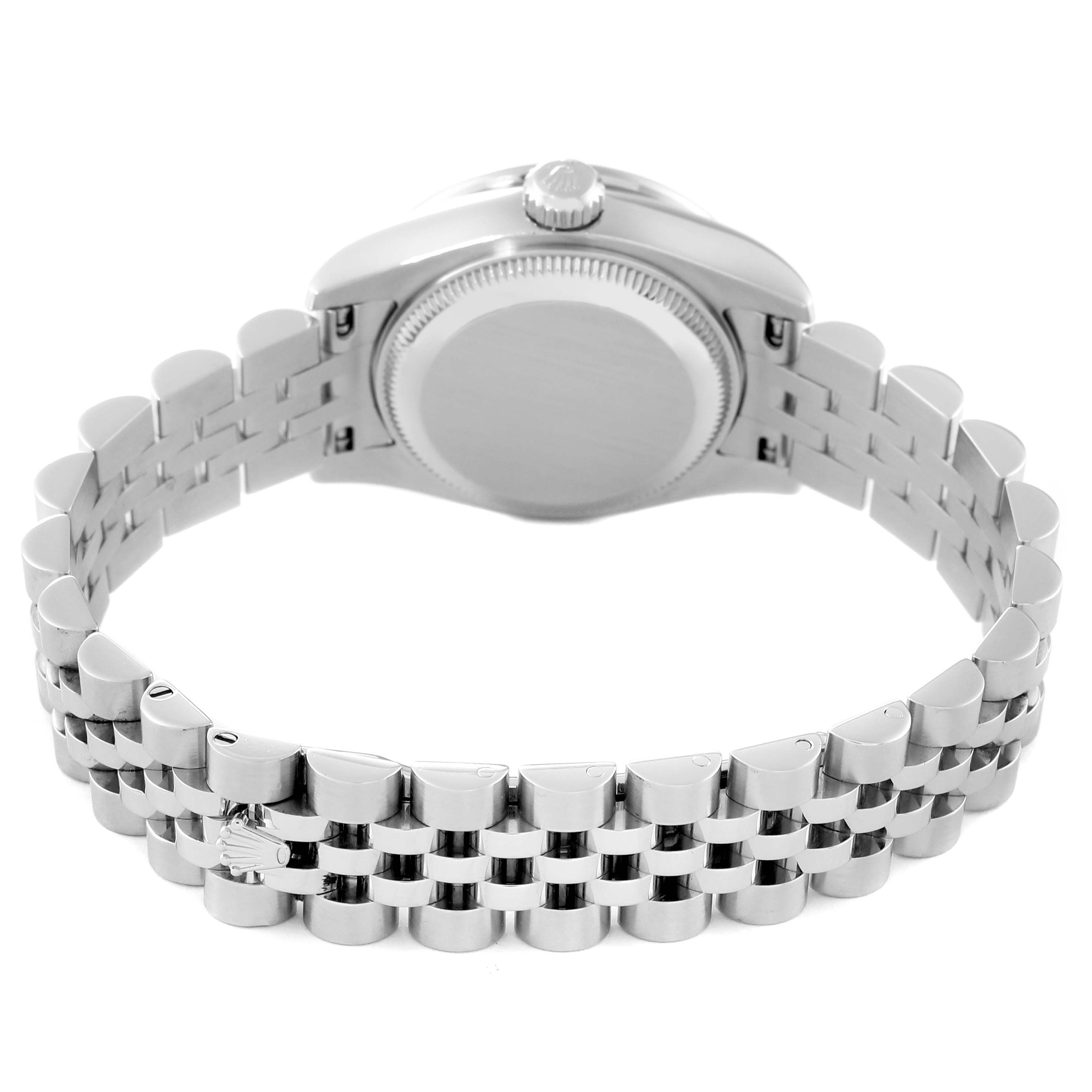 The image shows the back view of a Rolex Datejust 179384 Women's Stainless Steel Blue Dial 179384 Women's Stainless Steel Blue Dial watch, focusing on the bracelet and case back.