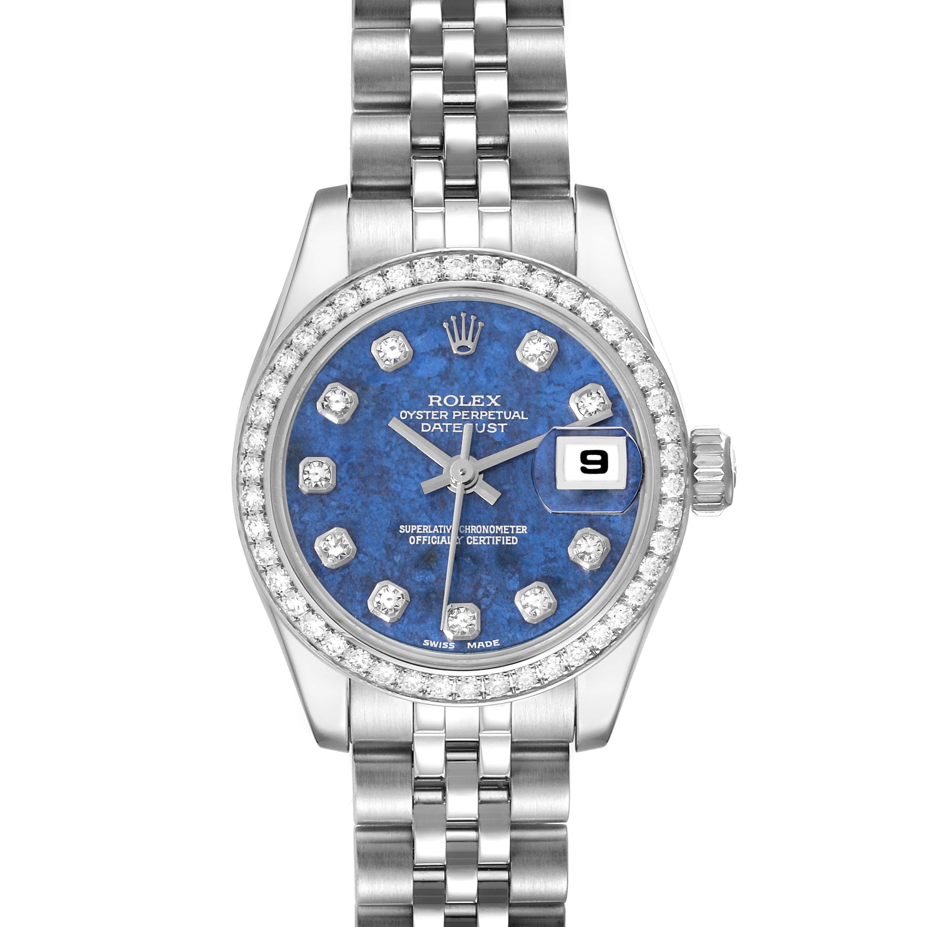 This Rolex Datejust 179384 Women's Stainless Steel Blue Dial 179384 Women's Stainless Steel Blue Dial watch is shown from a front angle, displaying its blue dial, diamond hour markers, date window, and Jubilee bracelet.